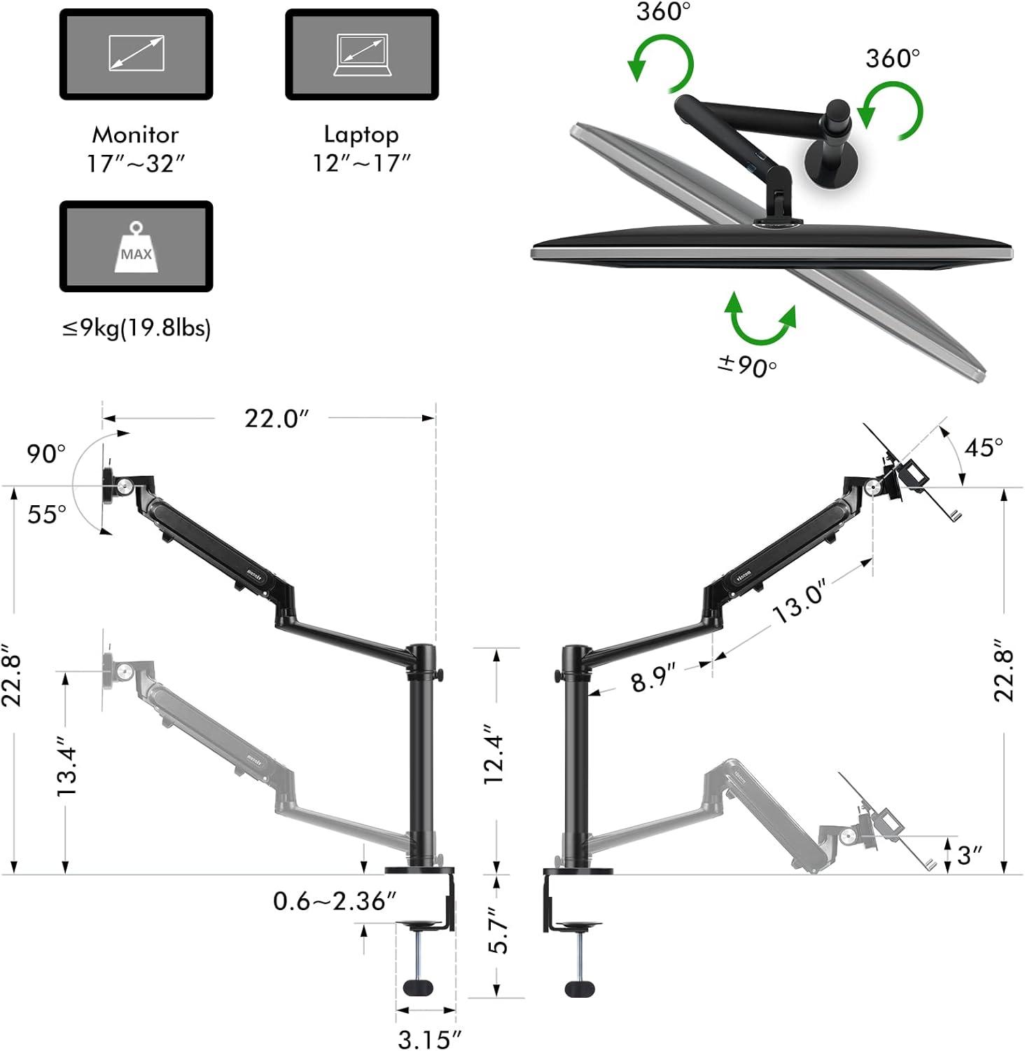 Viozon Monitor/Laptop Mount, Single Gas Spring Arm Desk Stand/Holder for 17-32" Computer Monitor, Extra Laptop Tray Fits 12-17" Laptops/Notebook(1S-Prob)