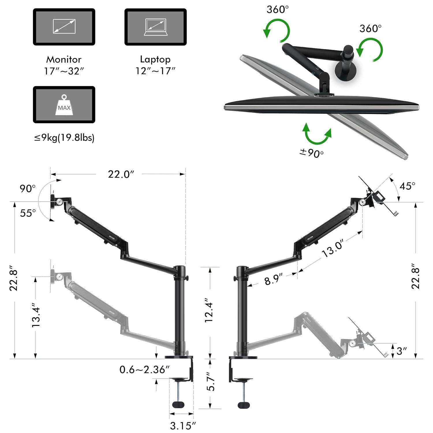 Viozon Monitor/Laptop Mount, Single Gas Spring Arm Desk Stand/Holder for 17-32" Computer Monitor, Extra Laptop Tray Fits 12-17" Laptops/Notebook(1S-Prob)