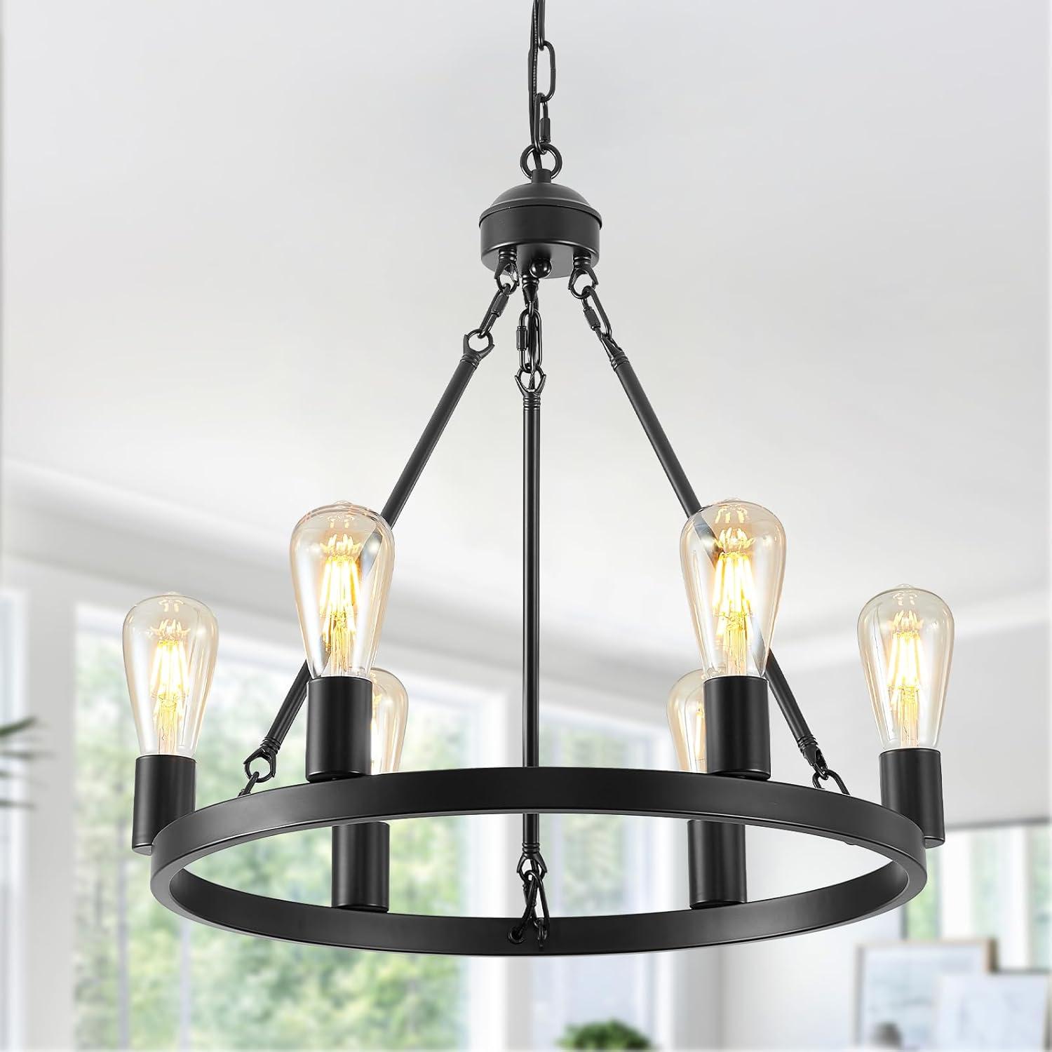 Farmhouse 6 Lights Black Wagon Wheel Chandelier,Modern Vintage Round Pendant Light Fixture for Dining Room,Living Room, Entryway Foyer Kitchen Island, E26