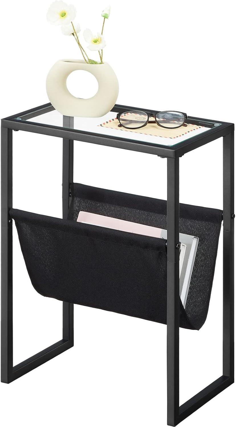 Black Metal and Glass Narrow Side Table with Magazine Holder