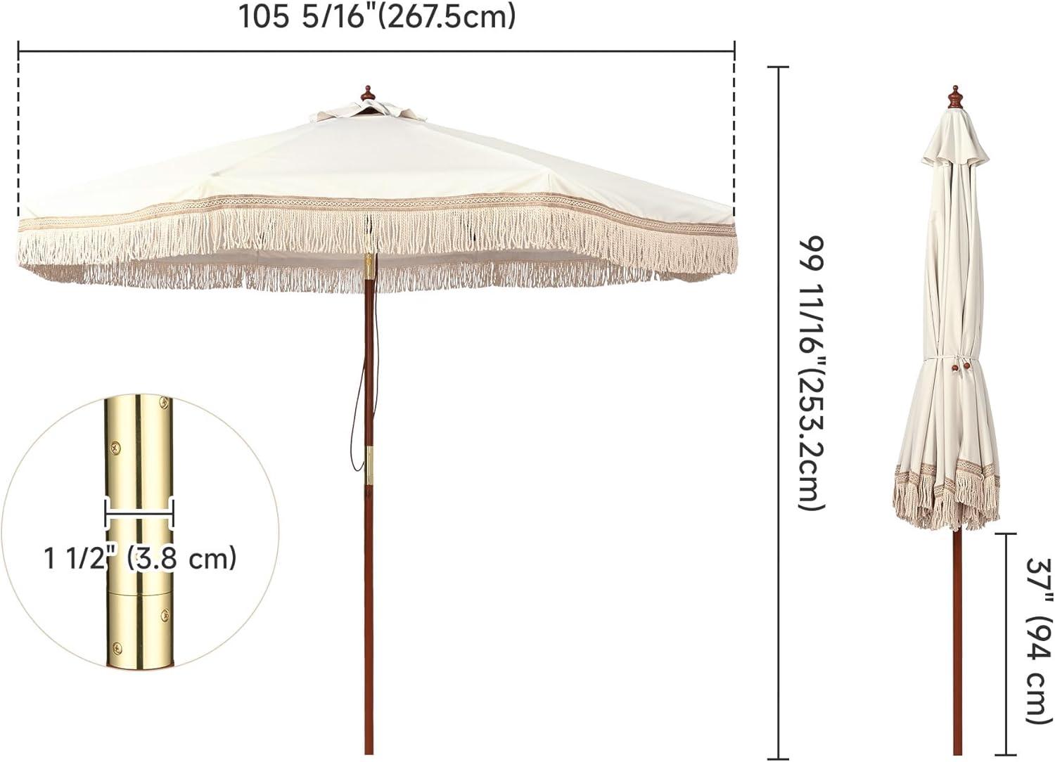LAGarden BOHO 9' Fringe Patio Umbrella with Tassels UPF50+ Boho Style 5-Year-Non-Fading for Outdoor Yard Market Ivony Xchevron white