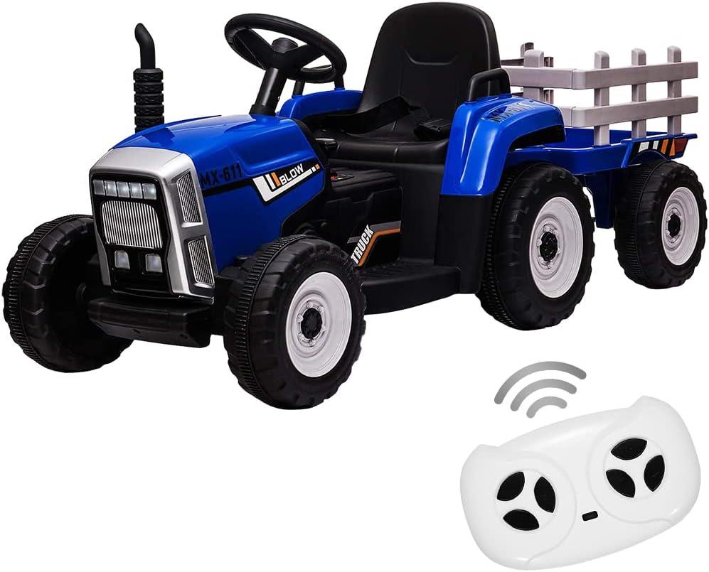 12V Blue Kids Ride-On Tractor with Trailer and Remote