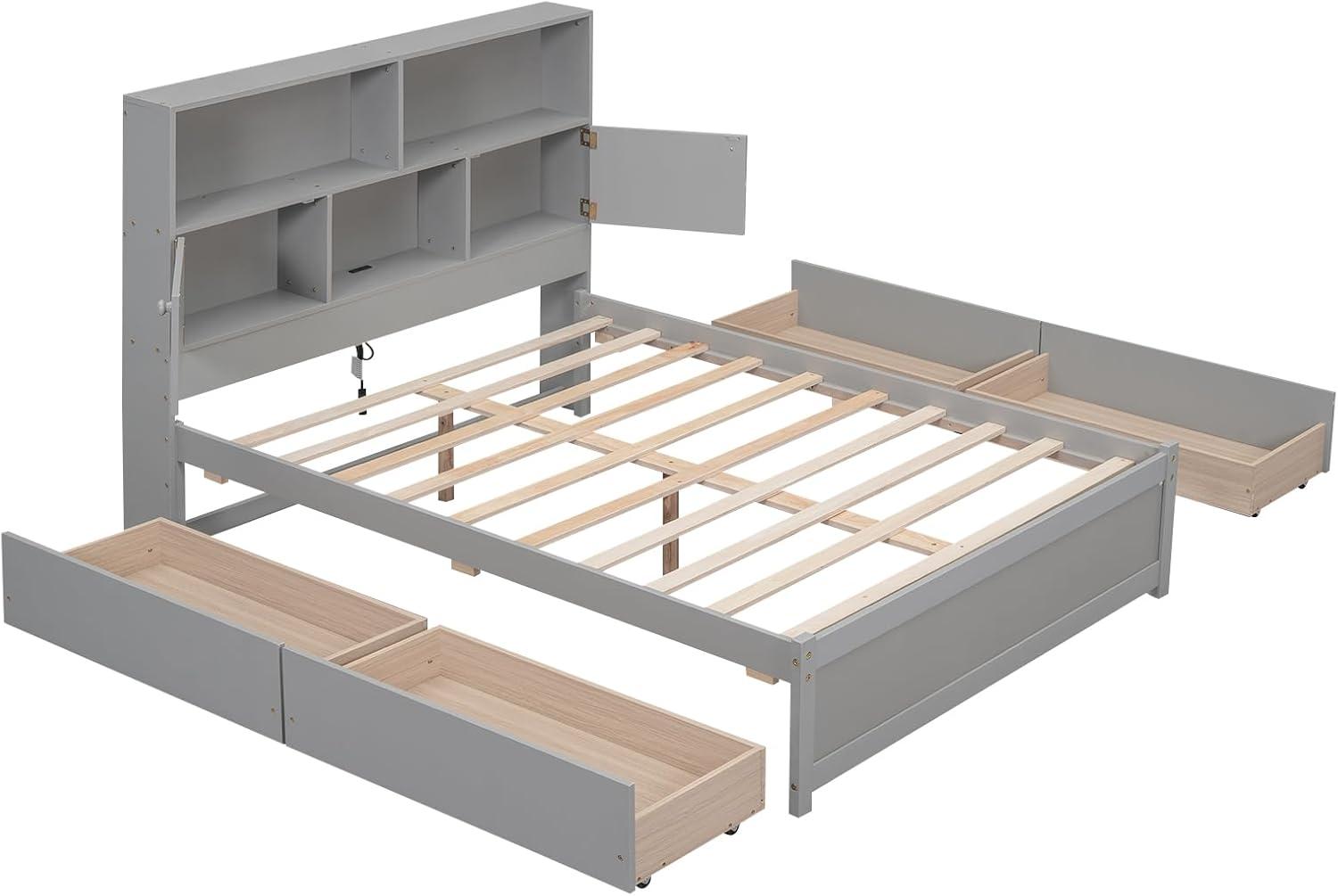 Gray Full Size Pine Wood Storage Bed with Bookcase Headboard and Drawers