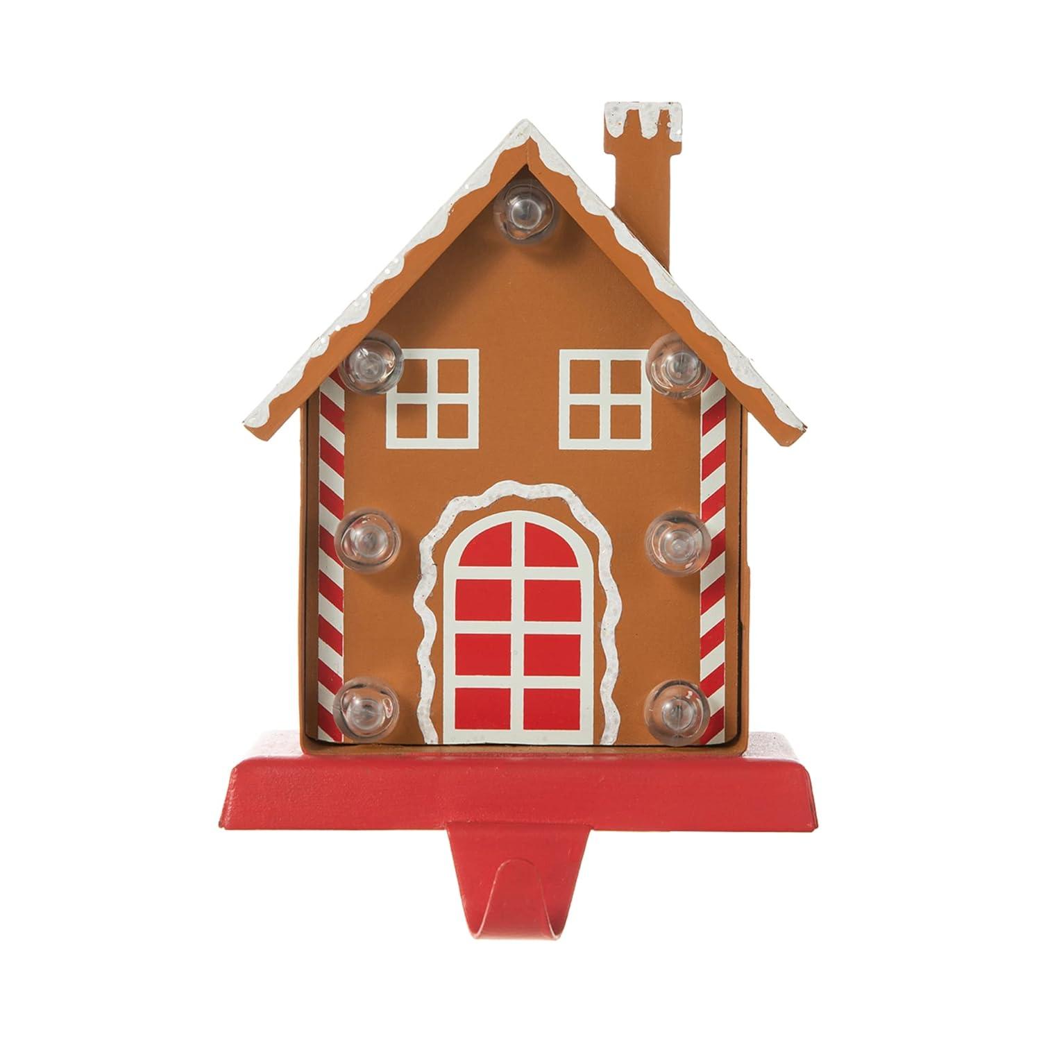 Glitzhome 6.75" H LED Light Gingerbread House Christmas Stocking Holder,Metal Xmas Hanging Hooks Stocking Hanger Battery Operated Stocking Holders for Fireplace Mantle Seasonal Decor