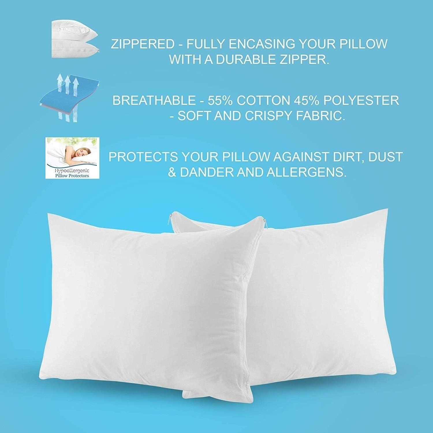 Poly-Cotton Zippered Pillow Cover - King Size Pillow Protector - Protects from Dirt, Dust, and Debris - 2 Pack