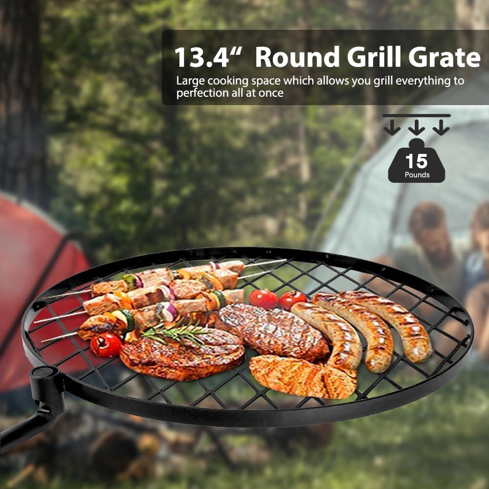 Adjustable Black Steel Swivel Campfire Grill with Wooden Handles