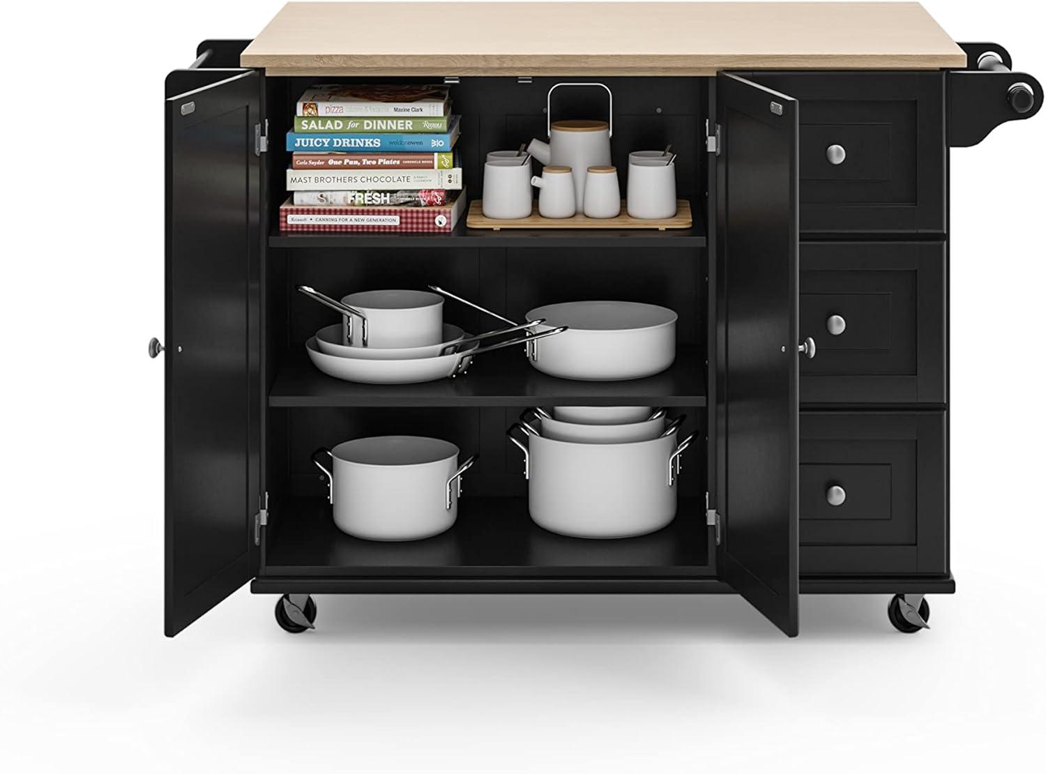 Black Wood Kitchen Cart with Drop Leaf and Storage