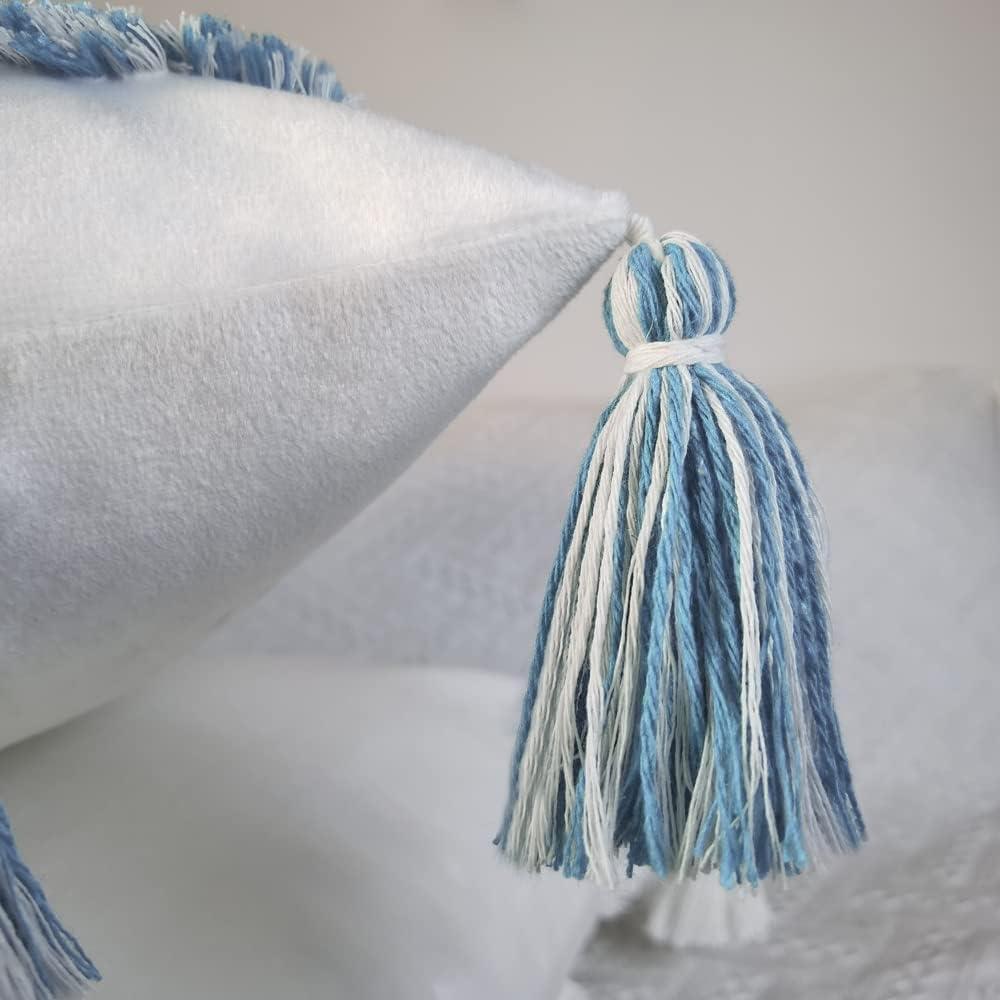 White and Blue Boho Tufted Velvet Pillow Covers with Tassels, 18"x18", Set of 2