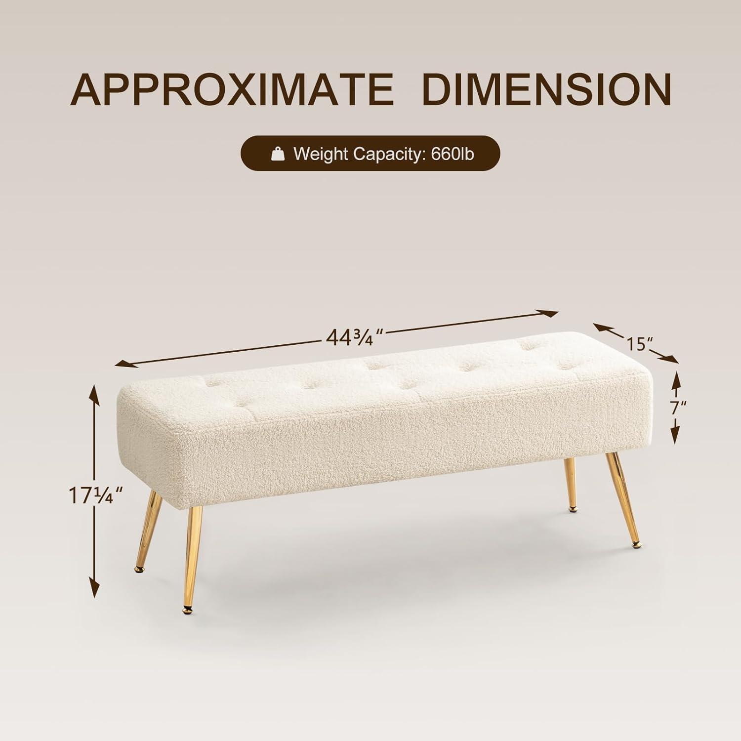 Furniliving Entryway Ottoman Bench Metal Legs Shoe Bench Upholstered Bedroom Bench , Ivory White