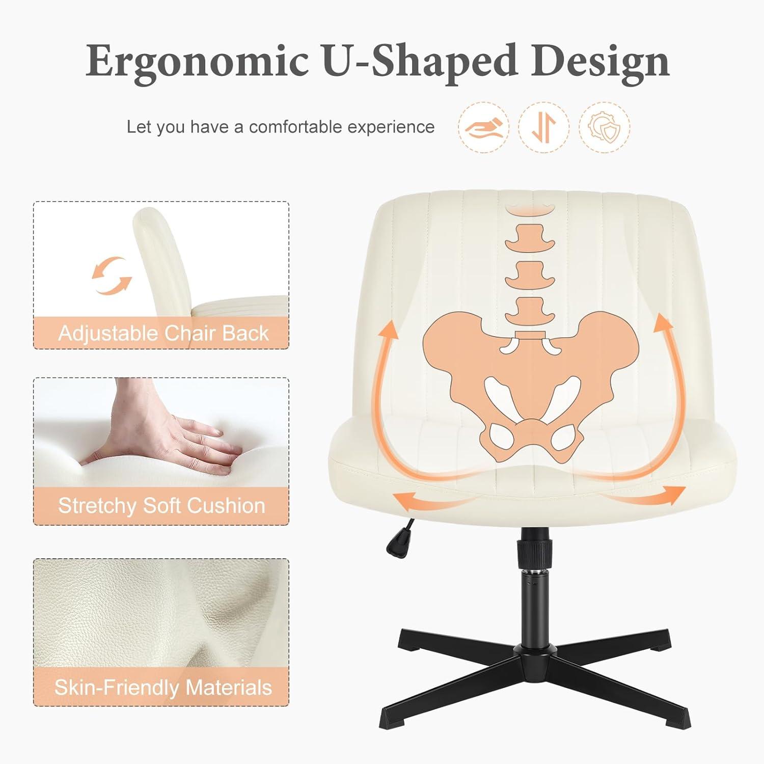 Sweetcrispy Criss Cross Chair Legged, Armless Office Desk Chair No Wheels, Swivel Vanity Chair, Height Adjustable Wide Seat Computer Task Chair, Fabric Vanity Modern Home Chair Cream