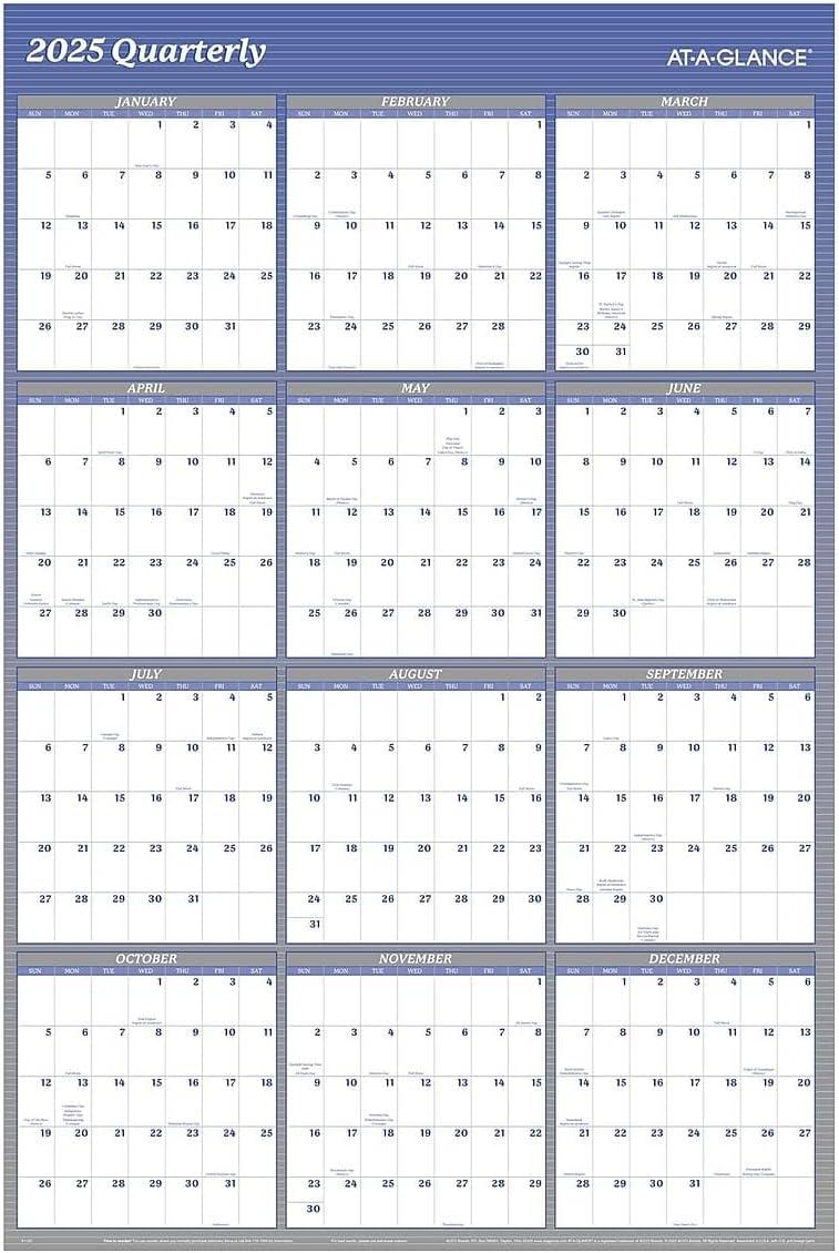 AT-A-GLANCE 2025 Vertical Horizontal Reversible Yearly Wall Calendar Blue Extra