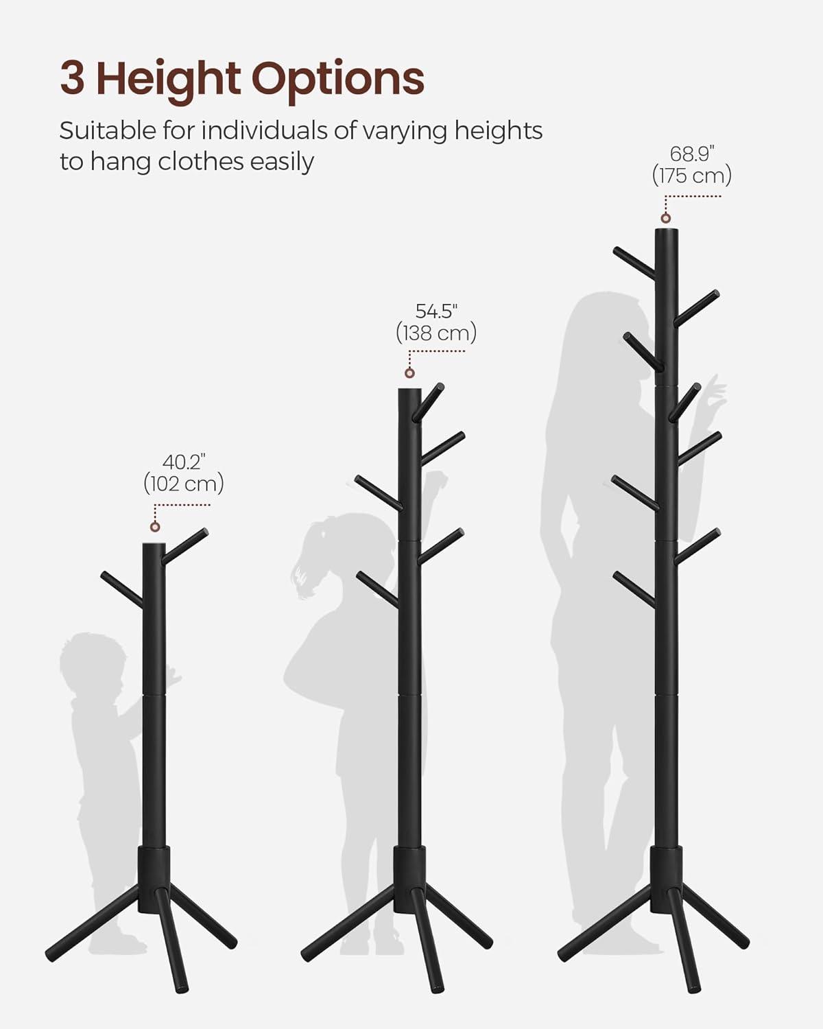 VASAGLE 8 Hooks Solid Wood Coat Rack Free Standing Coat Rack Tree-Shaped Coat Rack Black