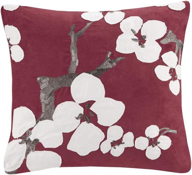 Elegant Cherry Blossom Embroidered Square Throw Pillow, 18x18