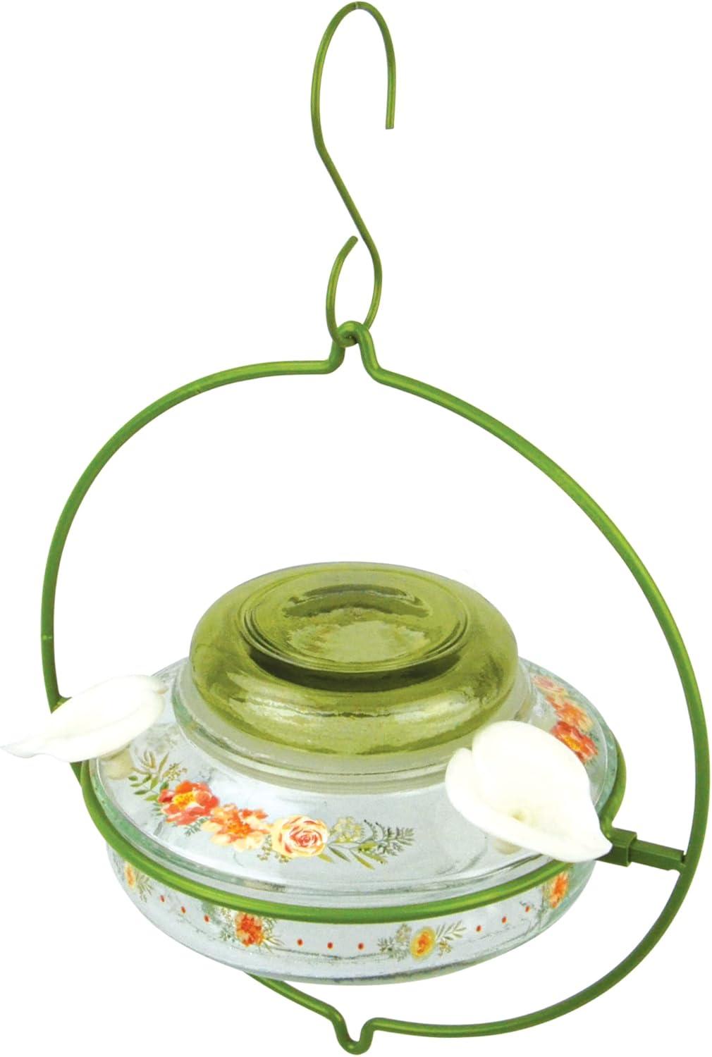 Green Floral Glass and Metal Hanging Hummingbird Feeder