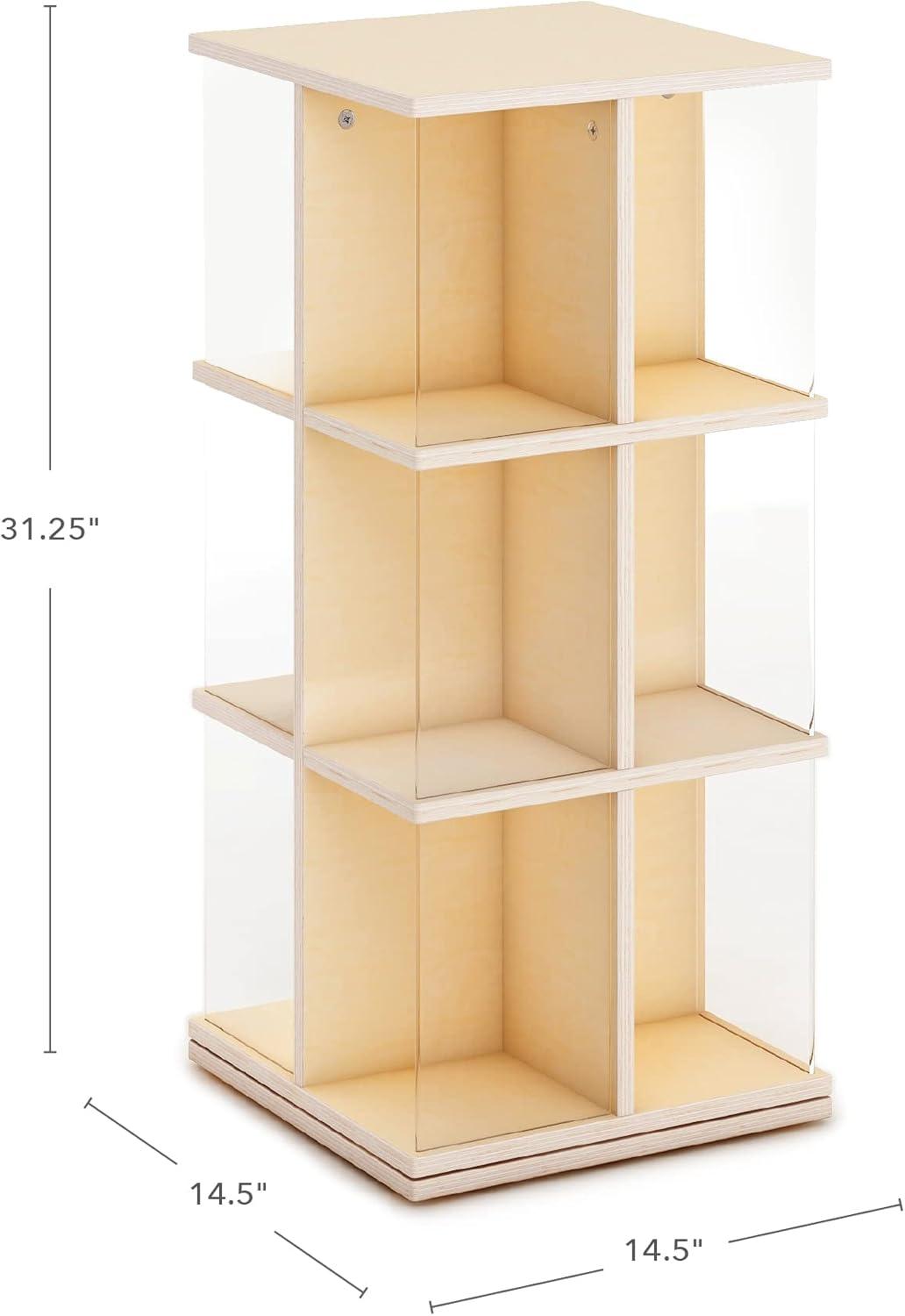 Guidecraft EdQ Rotating 3 Tier Book Display: Kids' Wooden Spinning Bookshelf with Acrylic Shelves for Storage in Classroom or Playroom