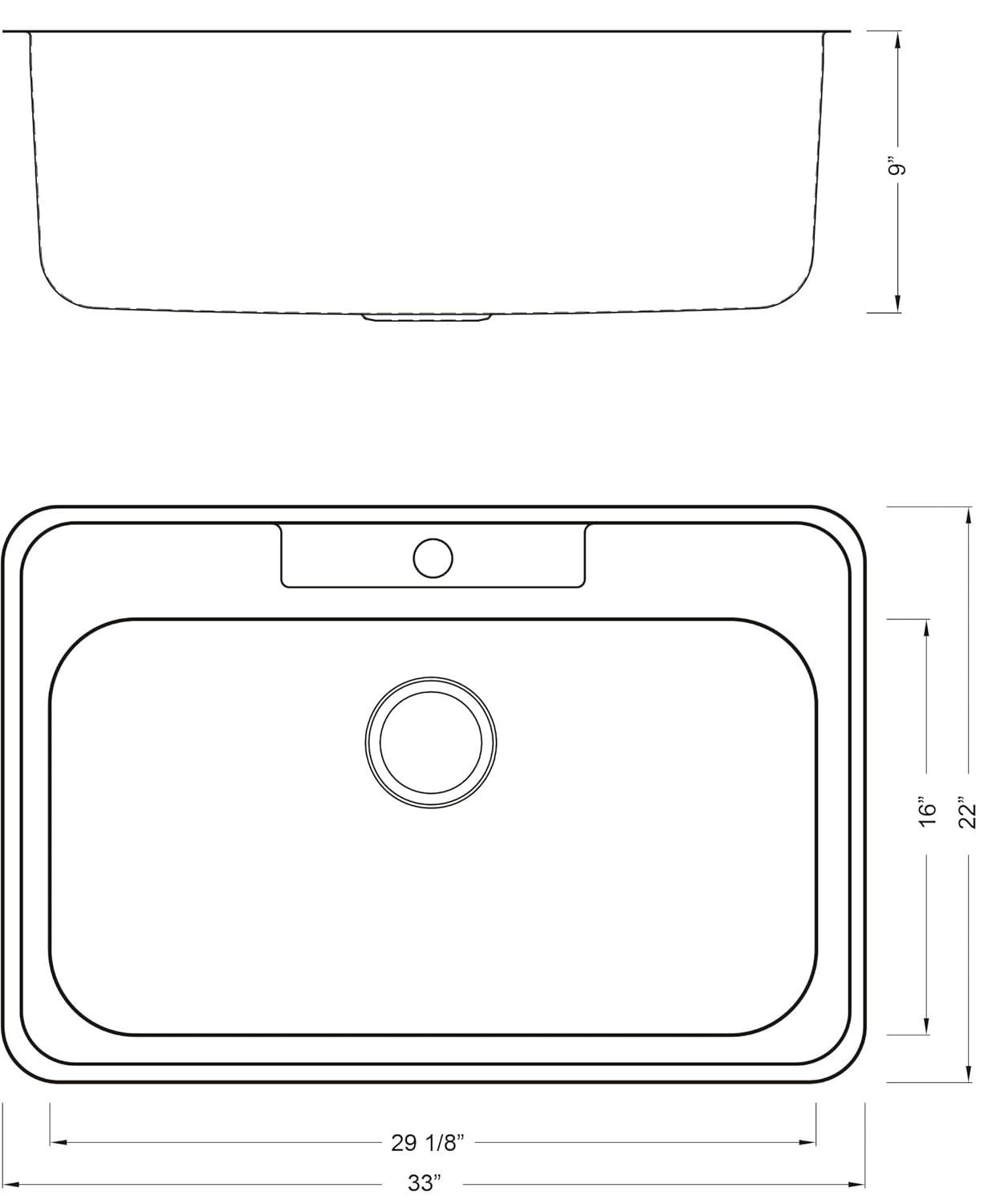 CozyBlock 33 Inch Single Bowl Topmount Drop-In 18-Gauge Stainless Steel Kitchen Sink w/ 1 Faucet Hole (Sink Only)