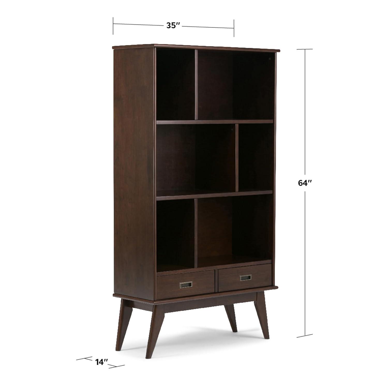 Simpli Home Draper 35"W Solid Hardwood 6 Shelf Compartment Mid-Century Modern Wide Bookcase with 2 Drawers