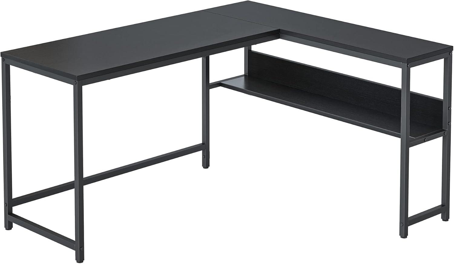 L-Shaped Desk with Drawers - 55 in Reversible Black Office Desk for Home Office, Computer Desk with Storage for Bedroom, L-Shaped Computer Desk with USB Ports and Bookshelf