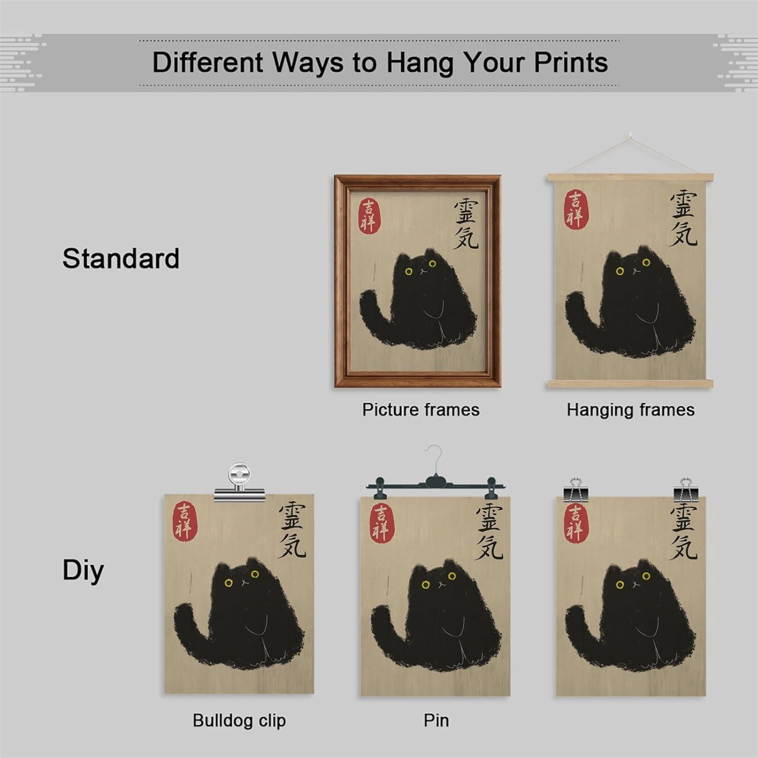 QMV Japanese Vintage Black Cat Reiki Canvas Art Print, Cute Cat Wall Decoration, 12x16 inches, Unframed