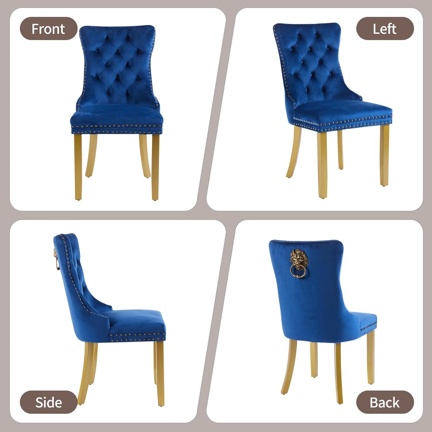 Velvet Upholstered Dining Chairs, Set of 2, Dining Room Tufted Chair, Modern Button Tufted Armless Chairs with Nailhead Trim and Back Ring Pull, Gold Legs, for Dining Room, Kitchen, Navy