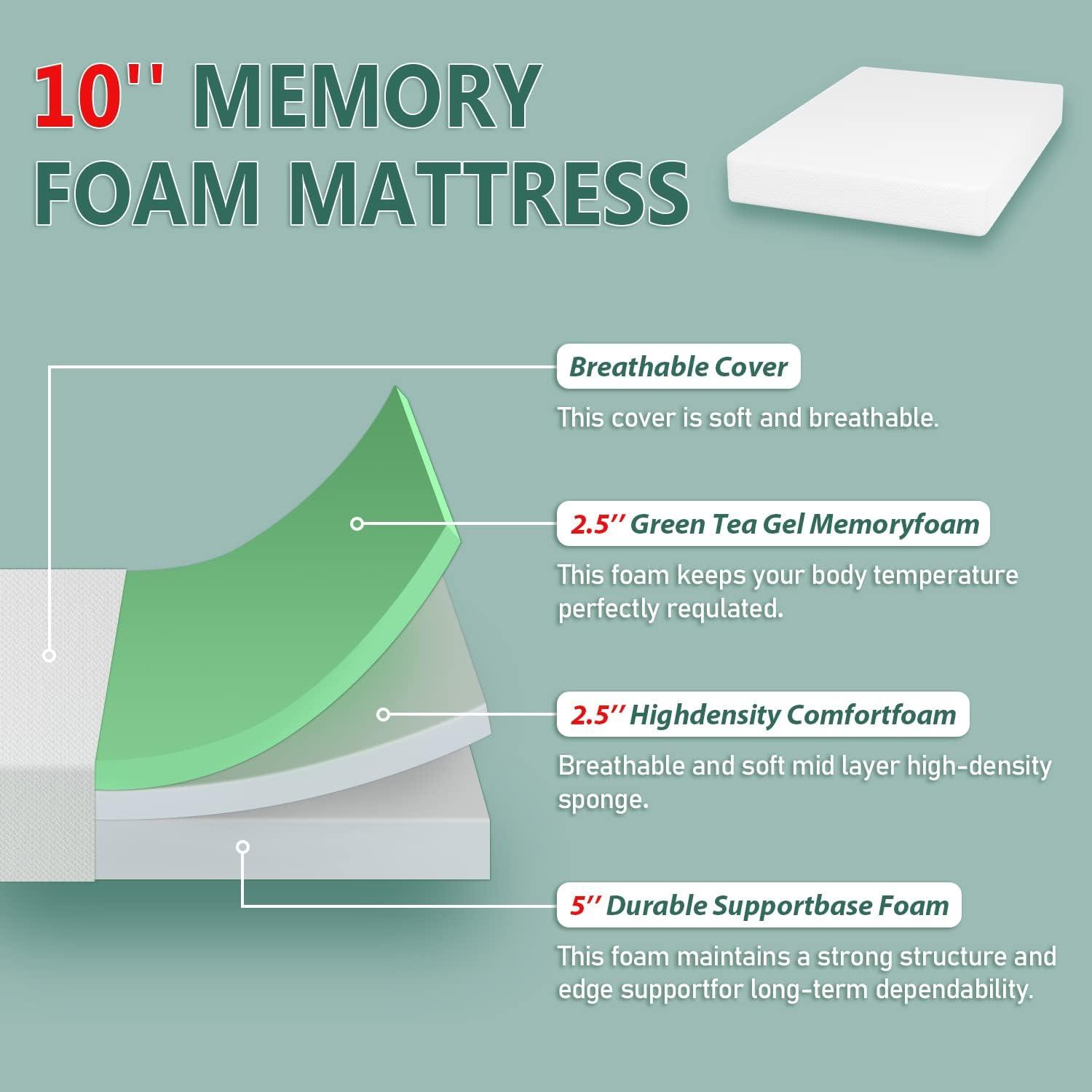 10 Inch Mattress Green Tea Memory Foam Mattress CertiPUR-US Certified,Removable Soft Cover,Full mattresses for Bed Frame, Bunk Bed, Trundle, Daybed,White