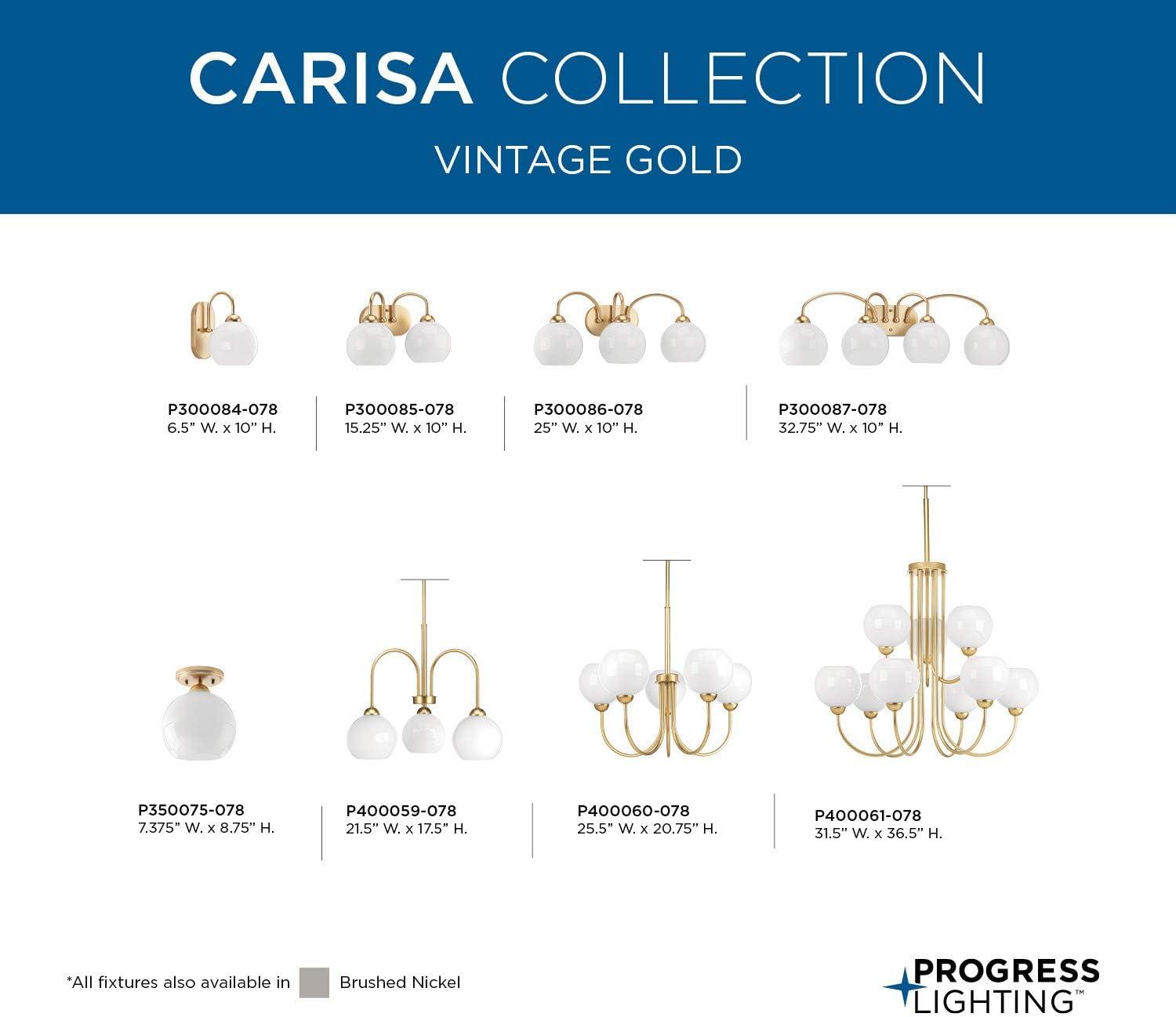 Progress Lighting Carisa 4-Light Bath Wall Light, Vintage Gold, White Glass Globes