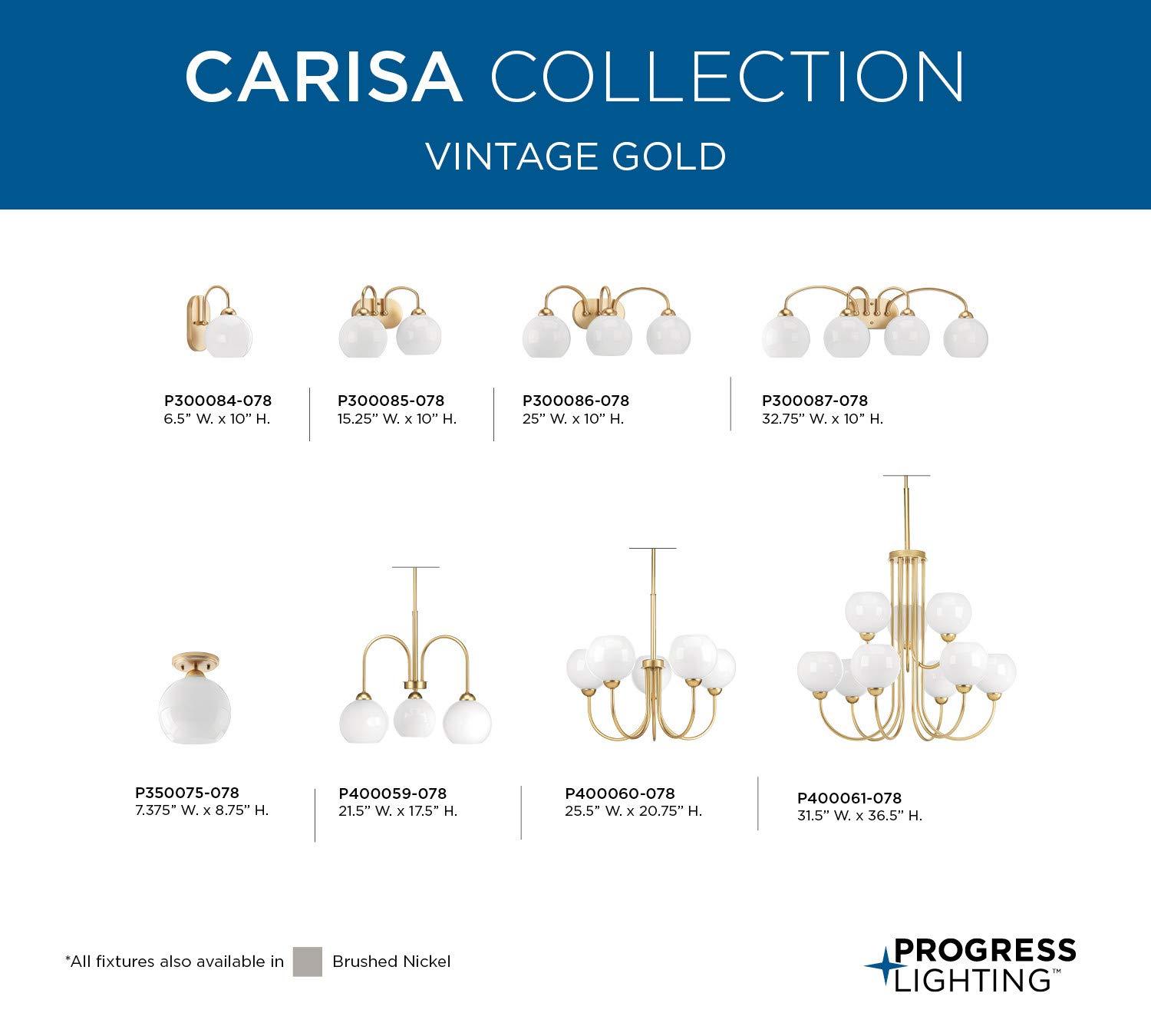 Progress Lighting Carisa 4-Light Bath Wall Light, Vintage Gold, White Glass Globes
