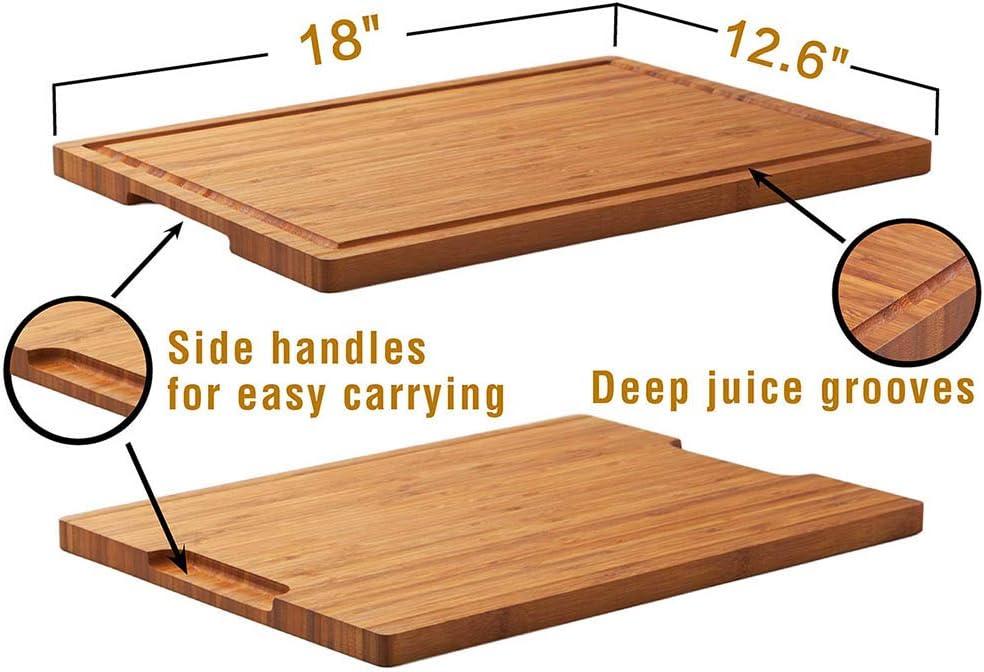 Bamboo Wood Cutting Board for Kitchen, 18" Large Cheese Charcuterie Chopping Block with Side Handles and Juice Grooves