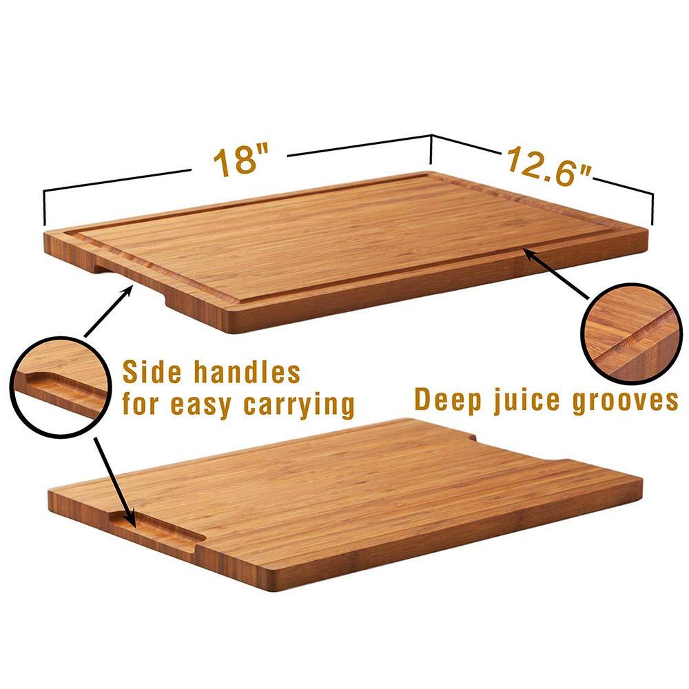 Bamboo Wood Cutting Board for Kitchen, 18" Large Cheese Charcuterie Chopping Block with Side Handles and Juice Grooves