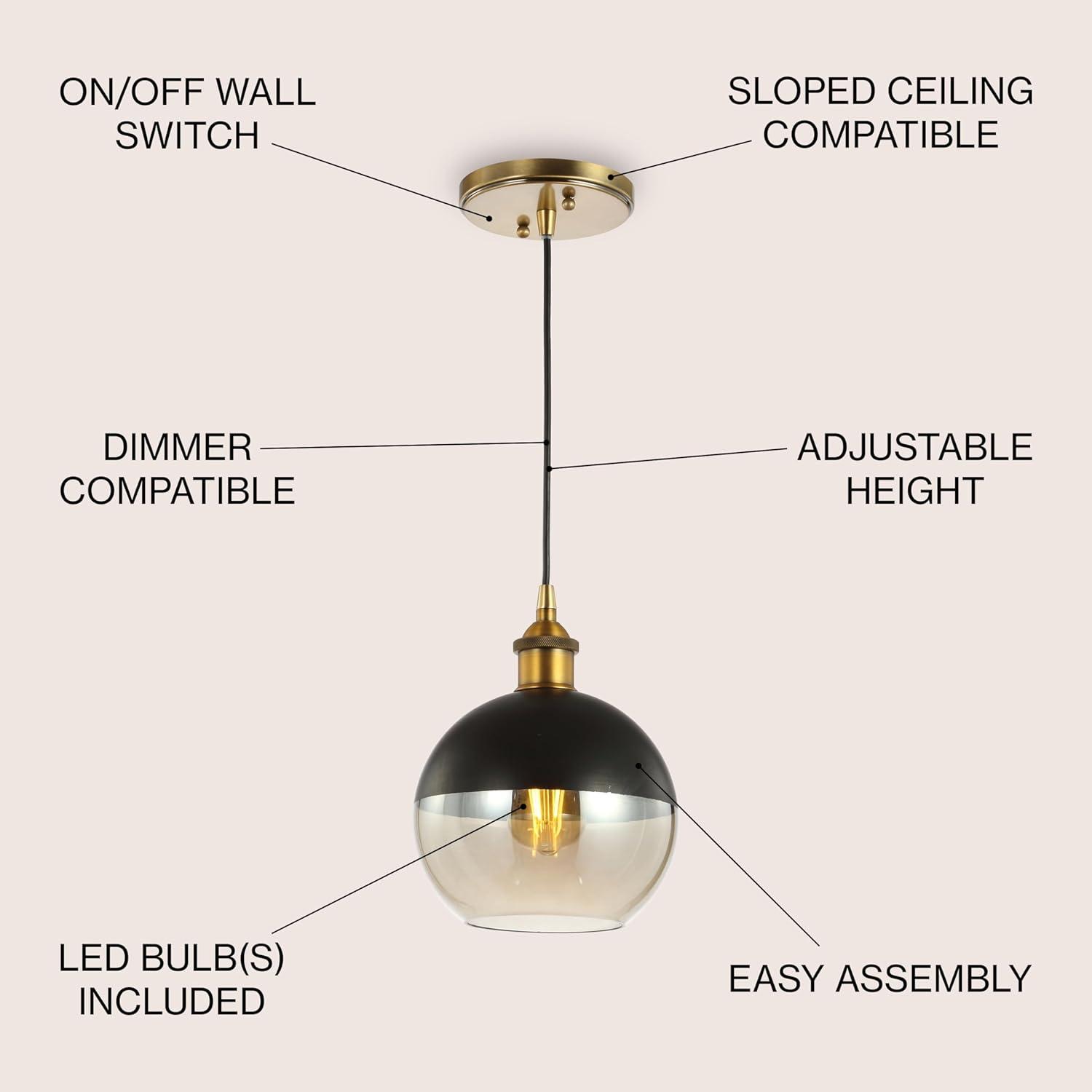 Nixon 7.5" 1-Light MidCentury Modern Metal/Glass Adjustable Drop Globe LED Pendant, Brass Gold/Black