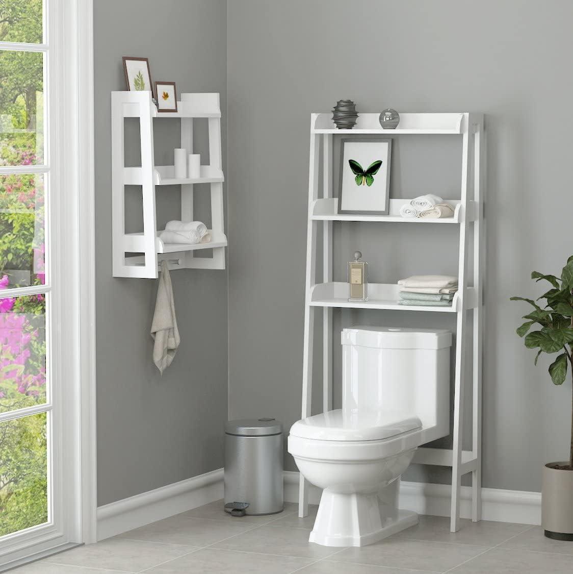 Modern White Wall-Mounted 3-Tier Bathroom Shelf with Towel Hooks