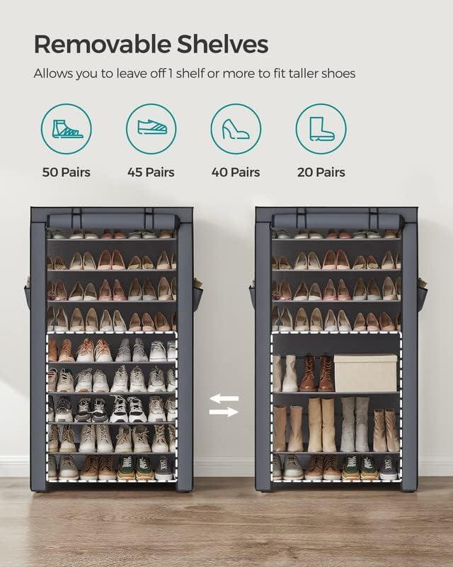 Gray 9-Tier Fabric and Metal Shoe Rack with Cover