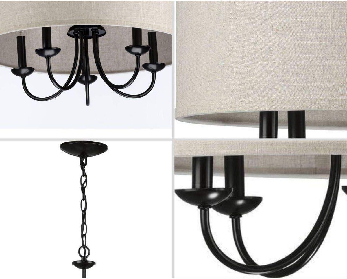 Progress Lighting, Drum Shade Collection, 5-Light Pendant, Black Finish, Harvest Linen Shade