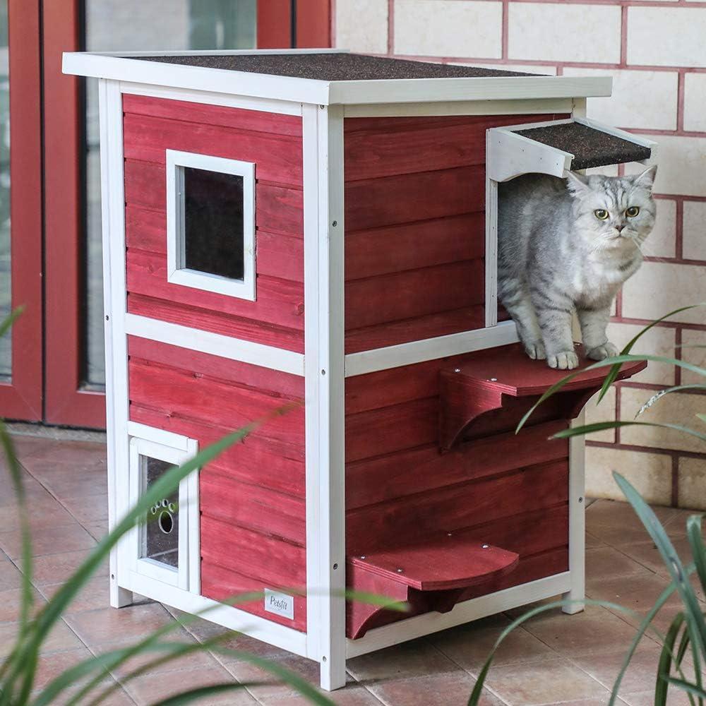 Petsfit 2-Story Weatherproof Outdoor Kitty Cat House/Condo/Shelter with Escape Door Red