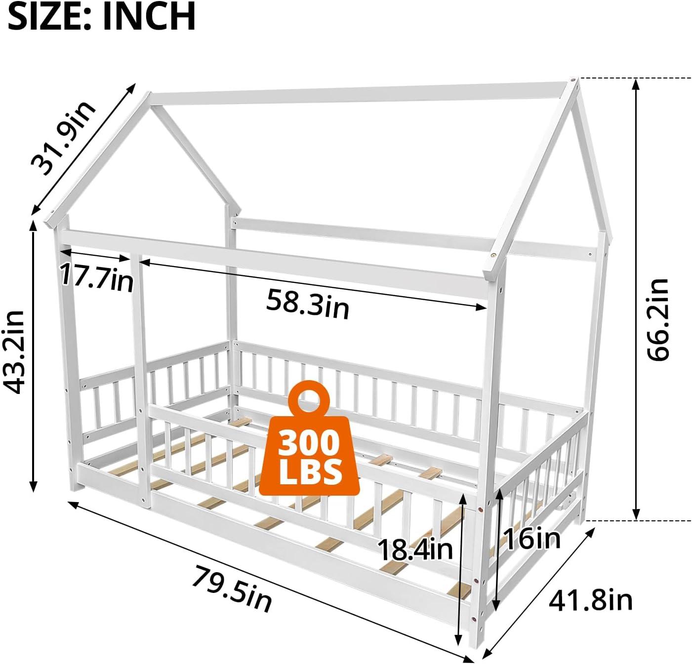 Twin Floor Bed for Kids, Wooden House Bed Frame with Roof, Fence Guardrails, Montessori Bed for Toddlers Girls Boys, Gray