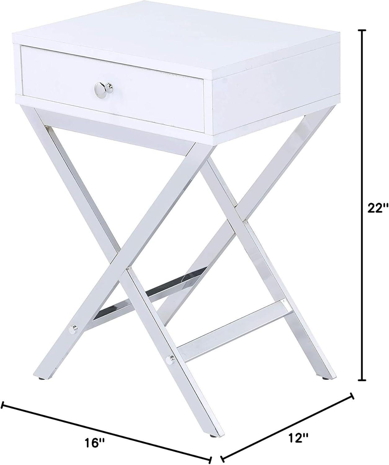 16" Coleen Accent Table White/Chrome Finish - Acme Furniture: Brass Base, Drawer Storage, No Assembly Required