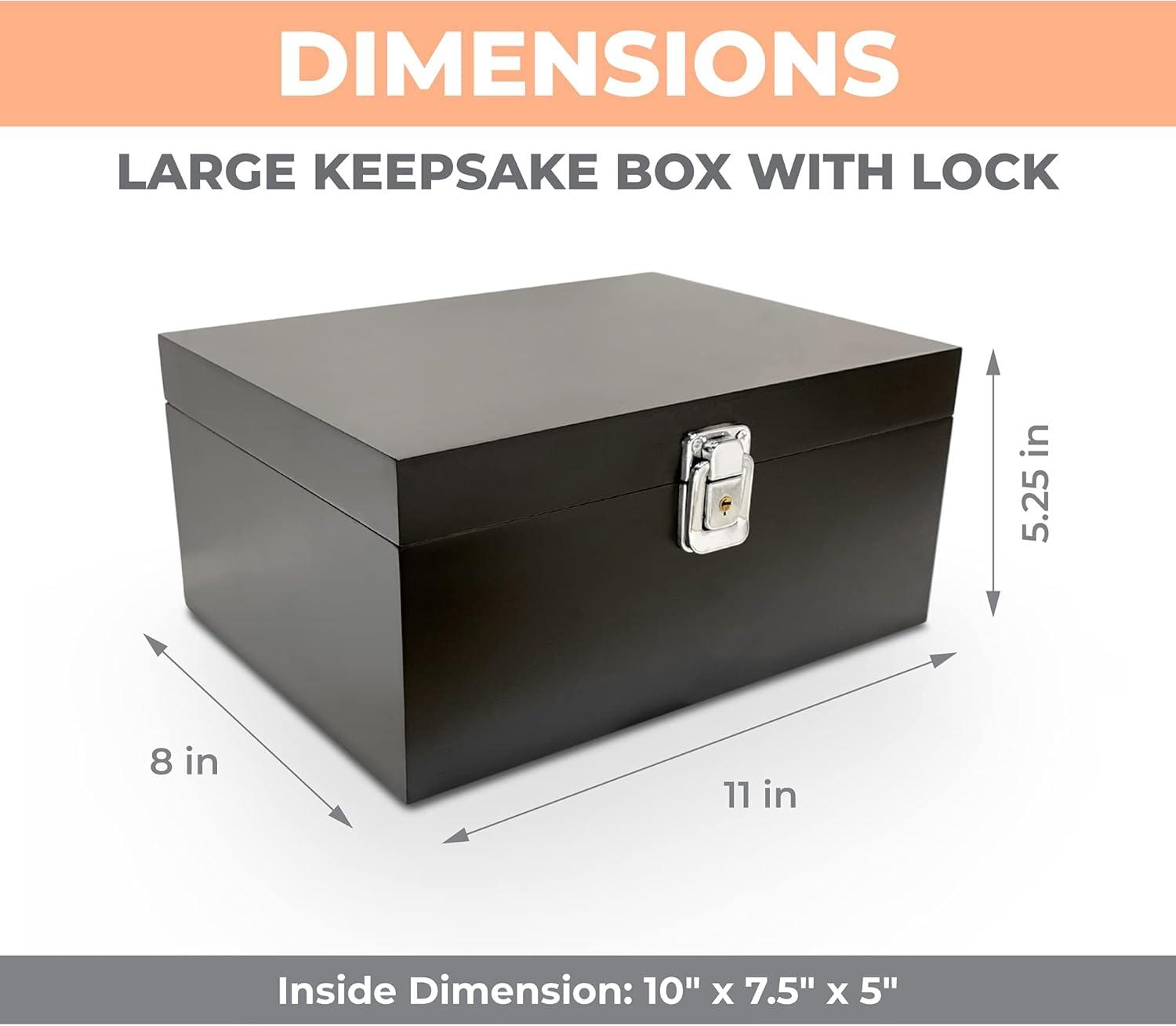 Black Wooden Storage Box with Hinged Lid and Locking Key- Large Keepsake Box with Lock - Wood Chest with Matte Finish - Store Jewelry Keepsakes Photos Gift Boxes (Black)