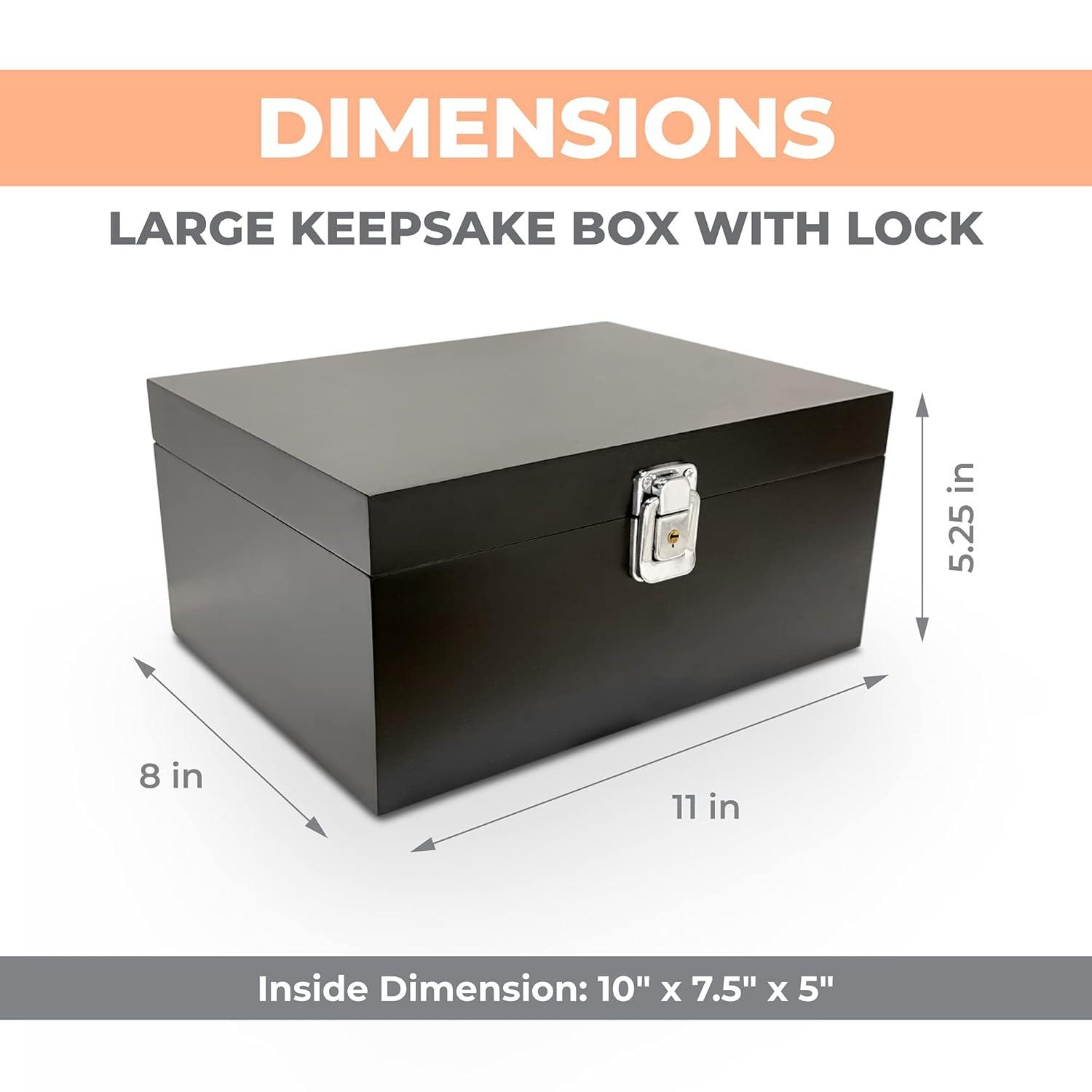 Black Wooden Storage Box with Hinged Lid and Locking Key- Large Keepsake Box with Lock - Wood Chest with Matte Finish - Store Jewelry Keepsakes Photos Gift Boxes (Black)