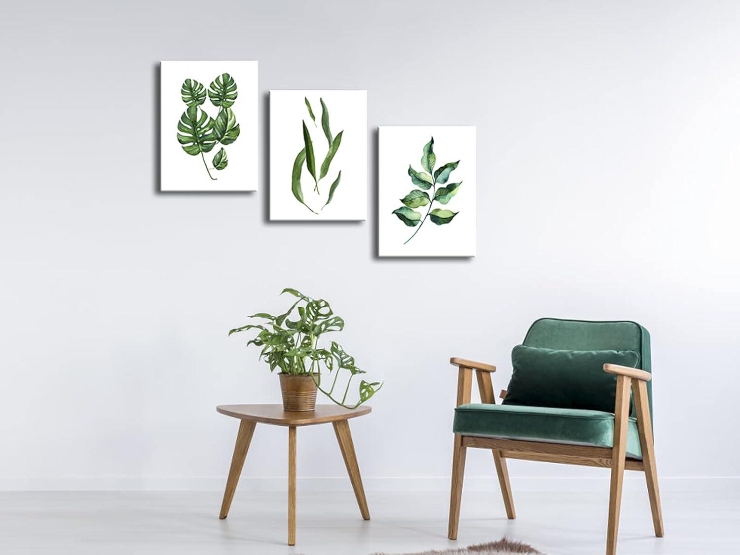 Green Leaves Botanic Canvas Wall Art Abstract Watercolor Pictures for Living Room Bedroom Wall Decor 3 Pieces Modern Stretched Artwork for Bathroom Decor