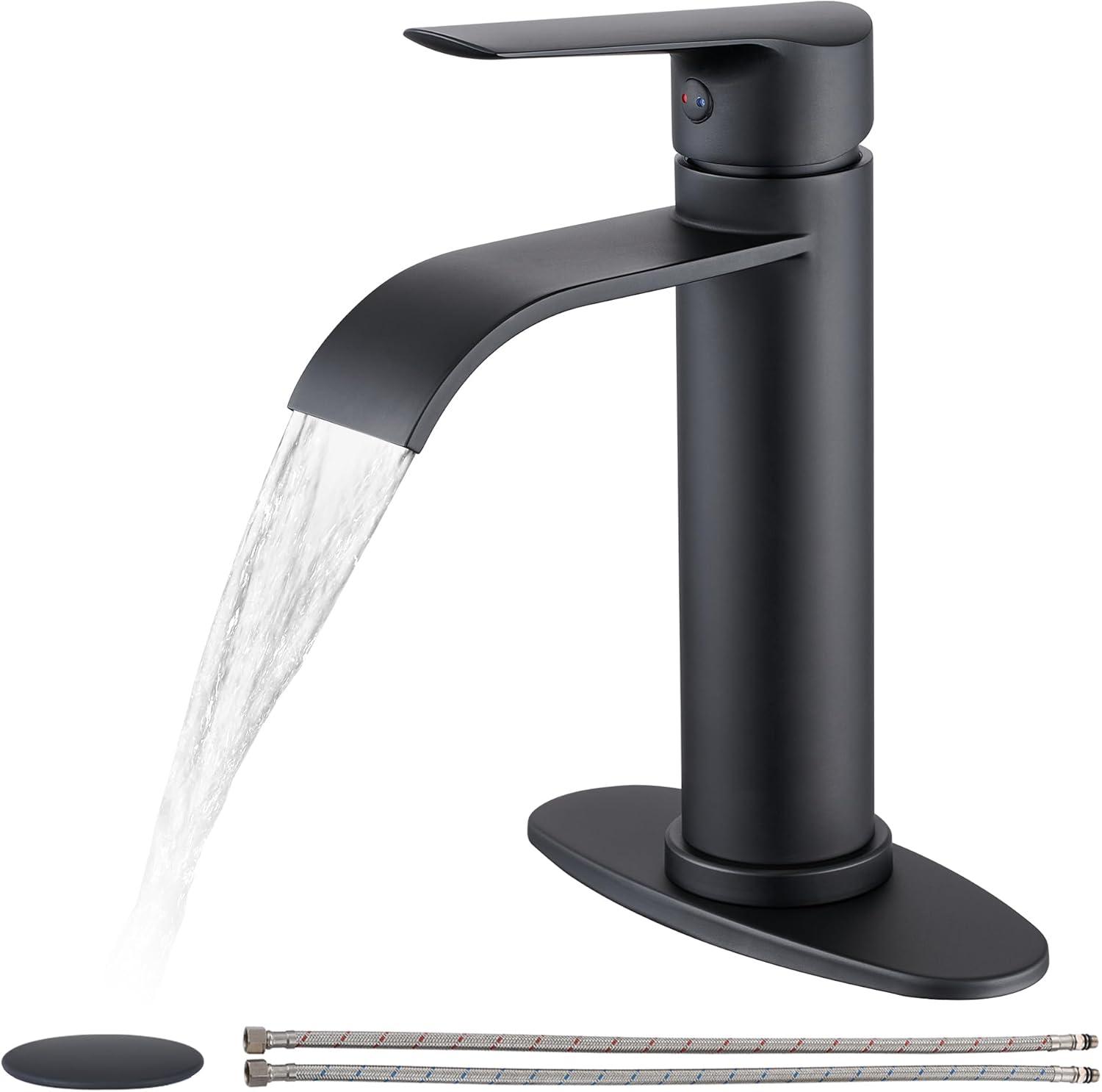 GGStudy Waterfall Bathroom Faucet Black Single Handle One Hole Modern Matte Black Bathroom Vanity Faucet Basin Mixter Tap Deck Mount with Drain Assembly