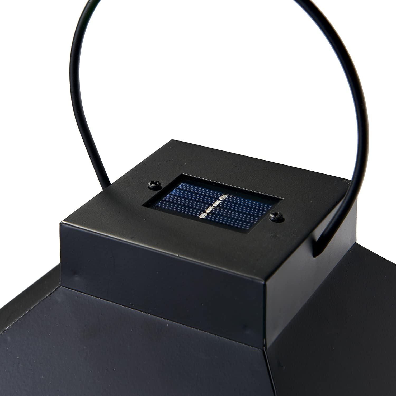 Large Black Metal Solar Powered Outdoor Lantern with LED Candle