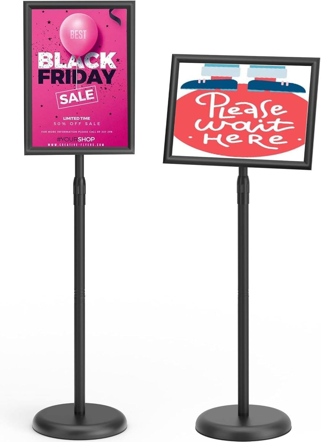 Adjustable Sign Holder Stand 8.5x11 inch,Pedestal Floor Signage Standing Holder with Heavy Duty Base, Aluminum Snap Open Frame Display for Business Restaurant, Mall,Schools-1 Pack