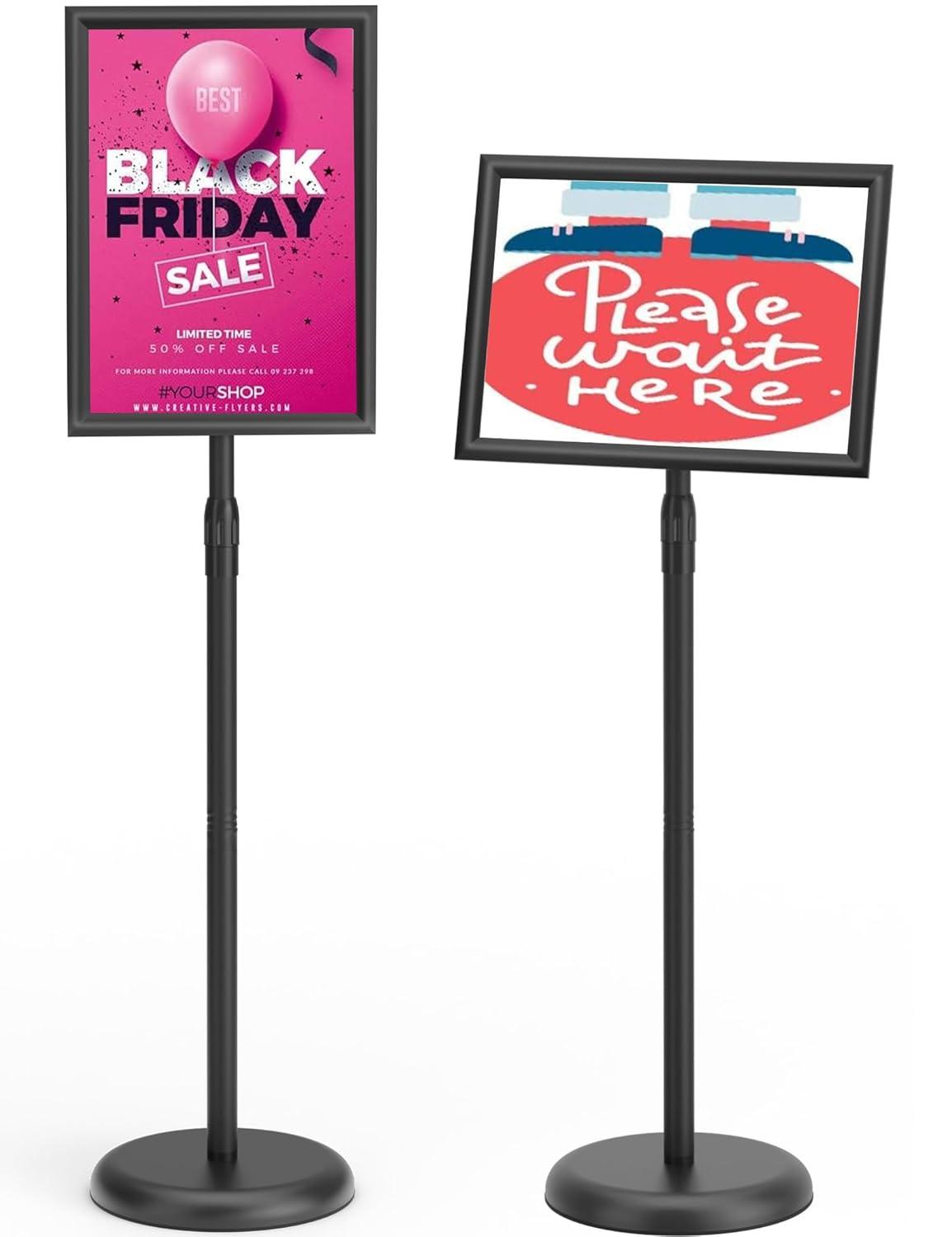 Adjustable Sign Holder Stand 8.5x11 inch,Pedestal Floor Signage Standing Holder with Heavy Duty Base, Aluminum Snap Open Frame Display for Business Restaurant, Mall,Schools-1 Pack