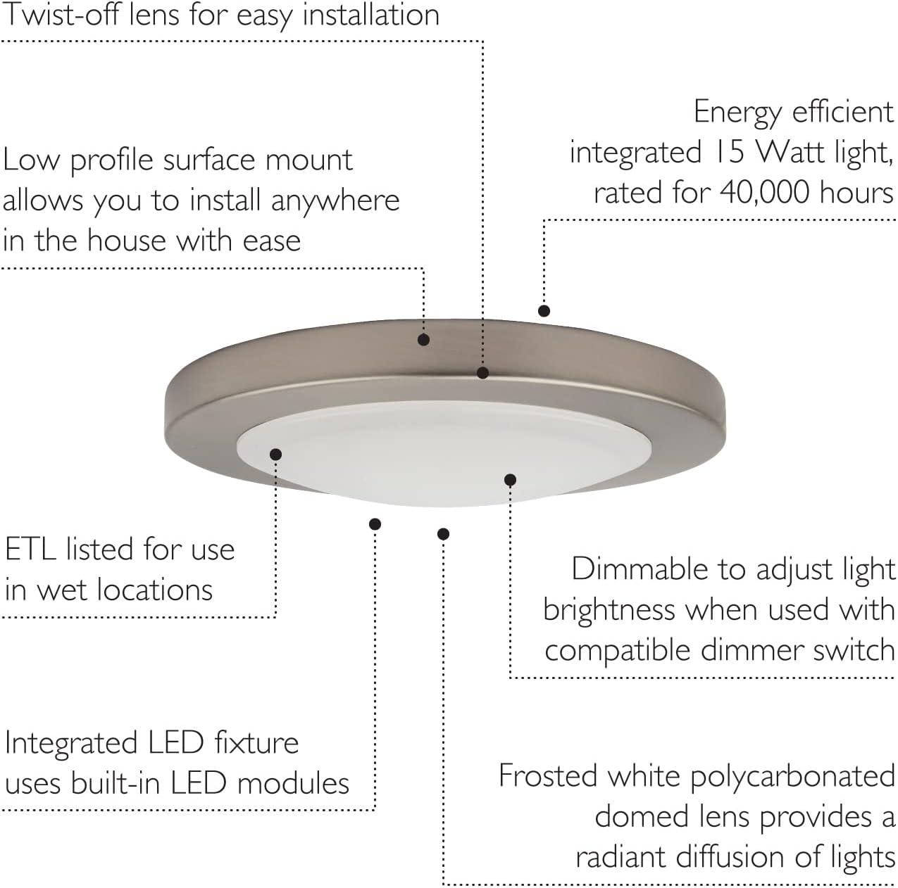 Design House 588152 Paxton Modern Integrated LED Disk Light Indoor/Outdoor Ceiling Flush Mount Dimmable with White Lens Shade for Bathroom Entryway Living Room, Brushed Nickel