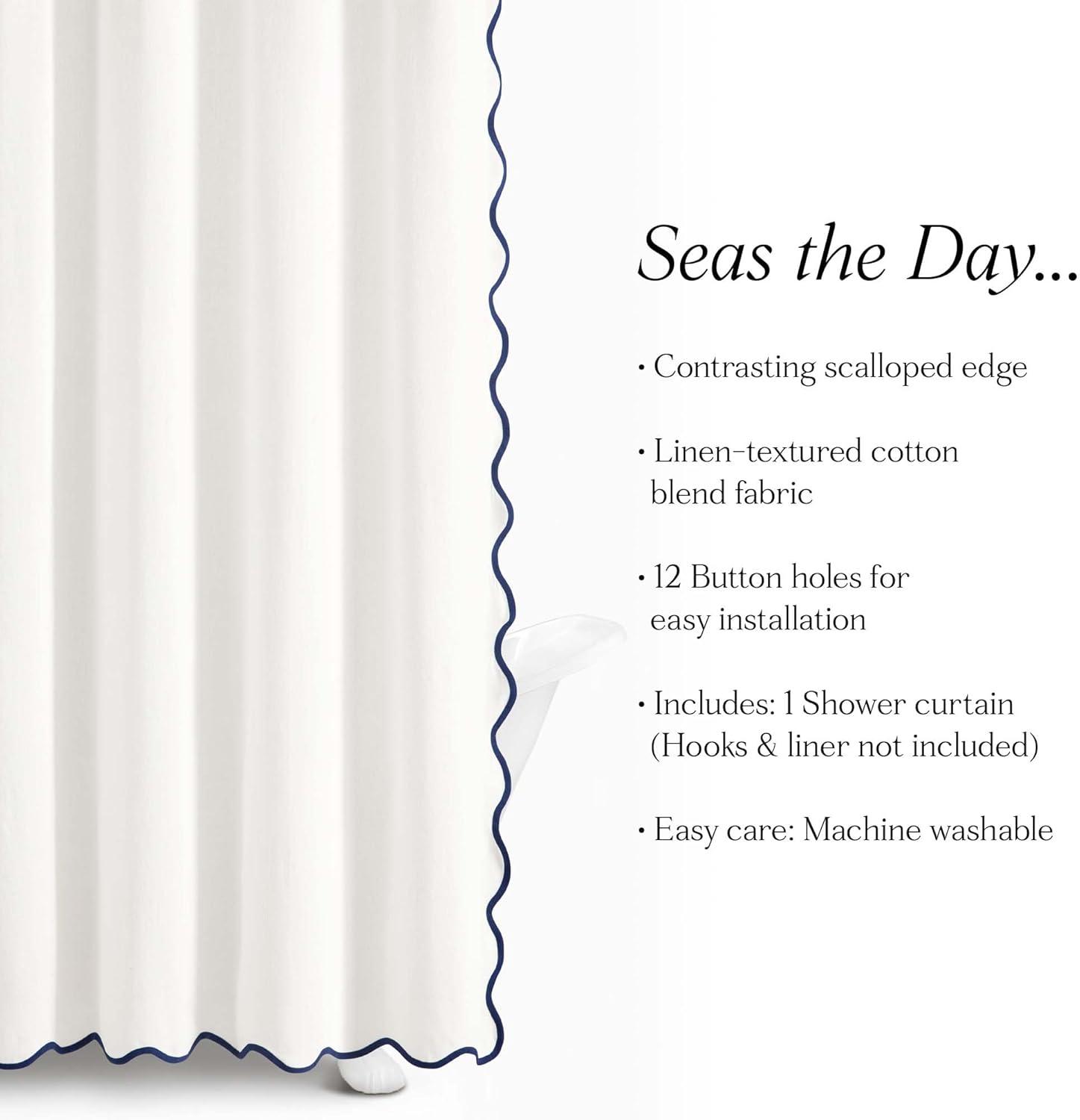 Boho Chic Aesthetic Scallop Edge Shower Curtain, Decorative Coastal Bathroom Curtain for Home Decor, 72 x 72 White and Navy Elegant Minimalist Textured Cloth Bath Curtain (LQ-36)