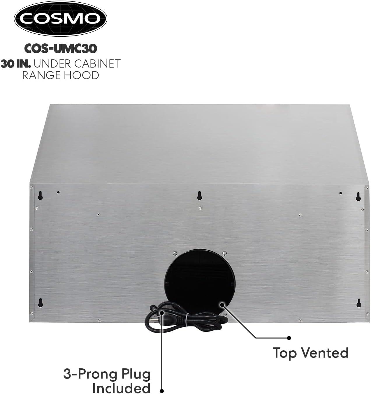 Cosmo 30 in. Under Cabinet Stainless Steel Range Hood with LED Light, 380 CFM, Permanent Filter