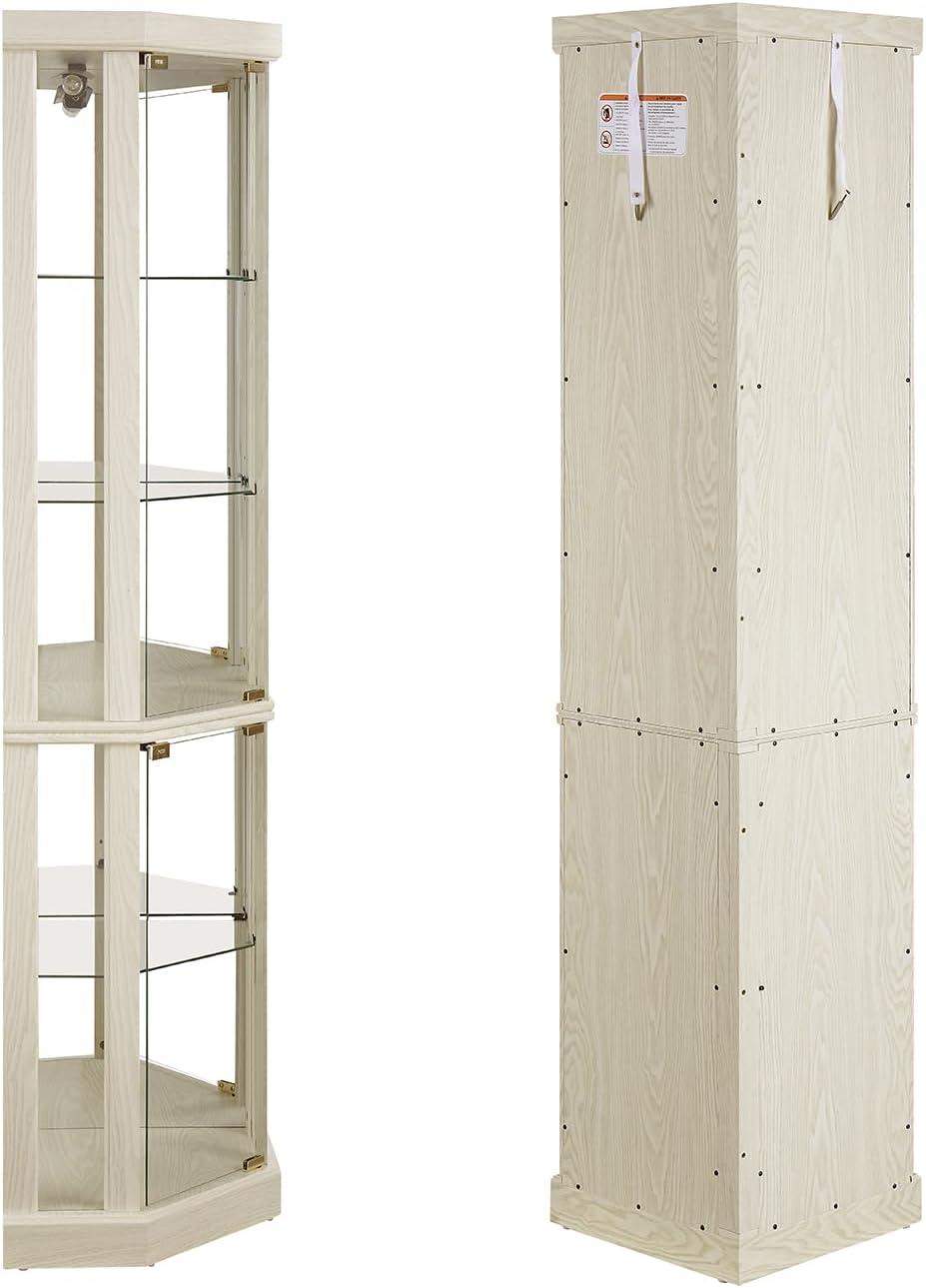 Lighted Corner Curio Cabinet,Corner Display Cabinet with Tempered Glass Doors Mirrored Back Panel Adjustable Shelves,16.46" L X 16.46" W X 69.84" H(Antique White)