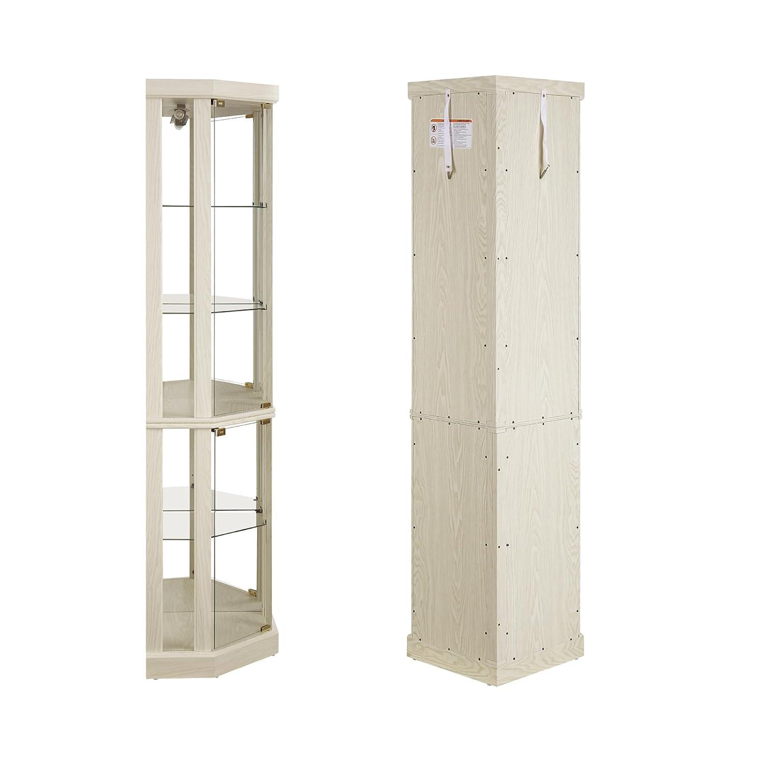 Lighted Corner Curio Cabinet,Corner Display Cabinet with Tempered Glass Doors Mirrored Back Panel Adjustable Shelves,16.46" L X 16.46" W X 69.84" H(Antique White)