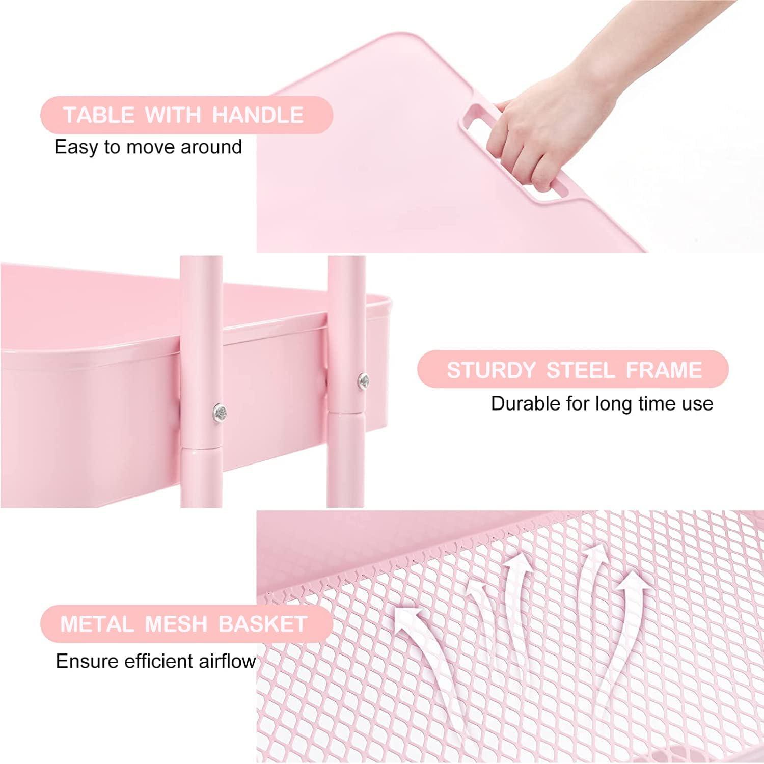 Pink 3-Tier Plastic and Metal Rolling Utility Cart