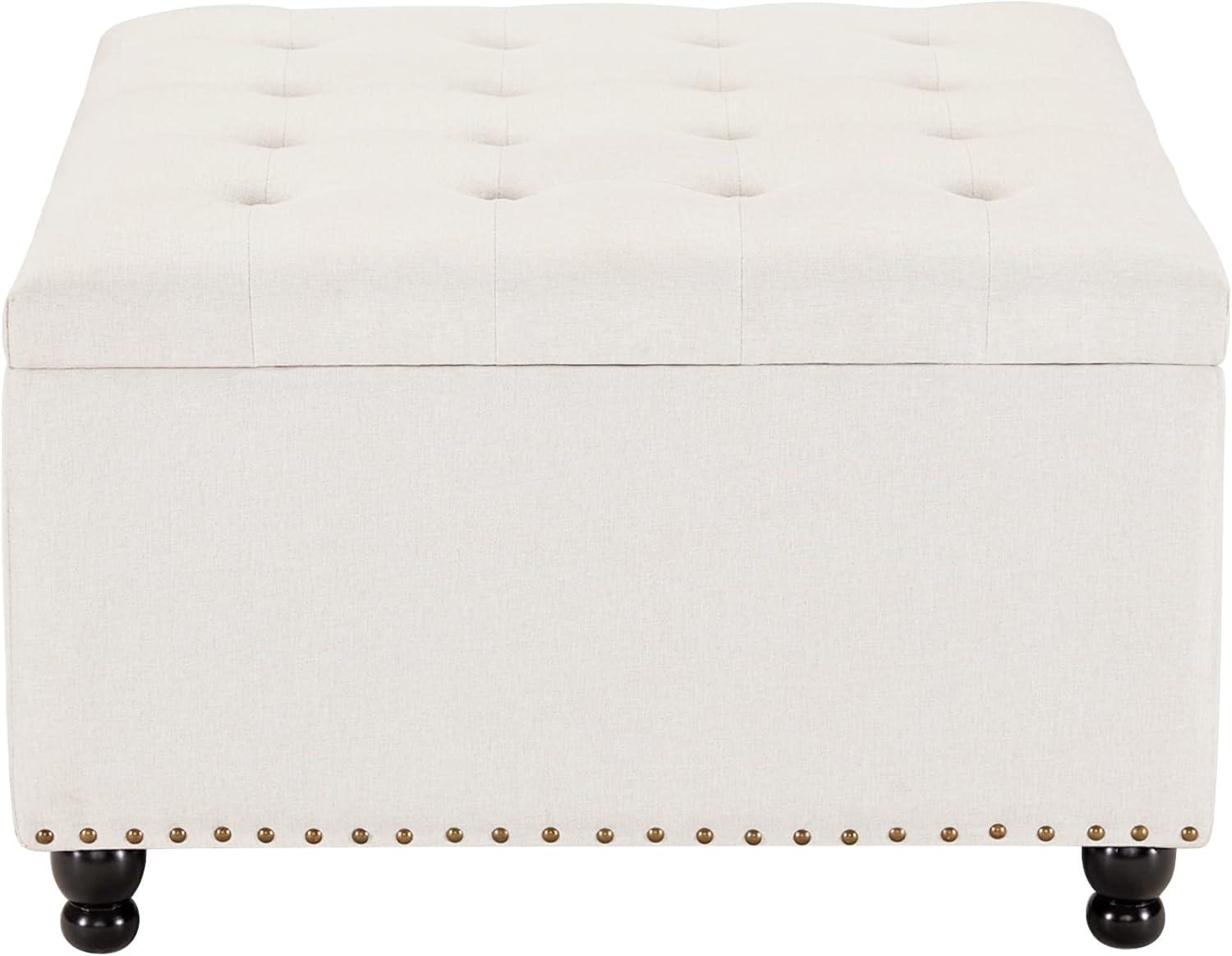 Beige Tufted Upholstered Square Ottoman with Storage